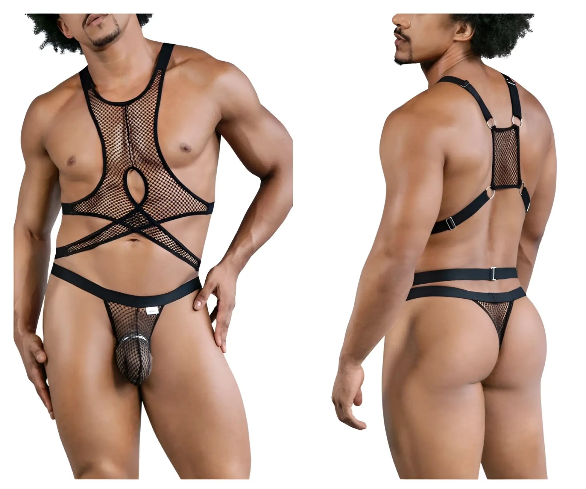 Black mesh harness style bodysuit candyMan 99862 with adjustable straps and central cutout in fishnet material