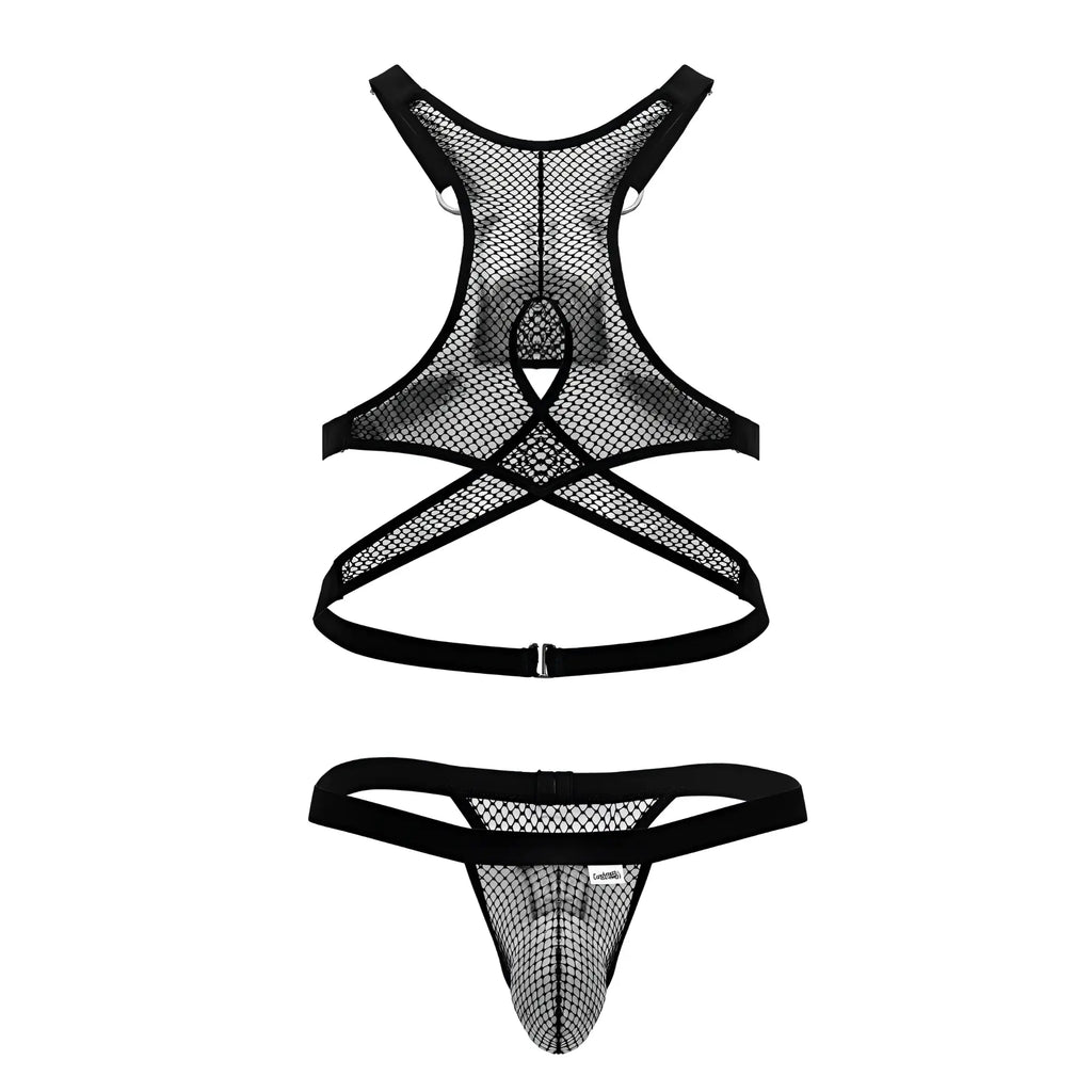 Black fishnet harness and thong set with elastic straps from candyman 99862 fishnet outfit collection