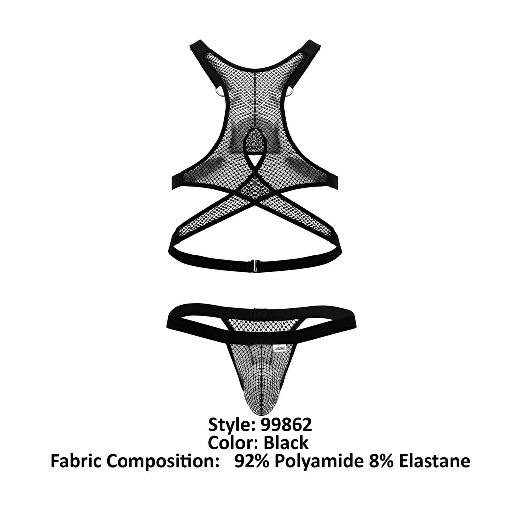 Black mesh harness and thong set CandyMan 99862 fishnet outfit made of 92% polyamide and 8% elastane