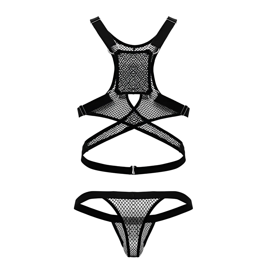 Black mesh candyMan 99862 fishnet lingerie set with adjustable straps and cross-back design shown from back