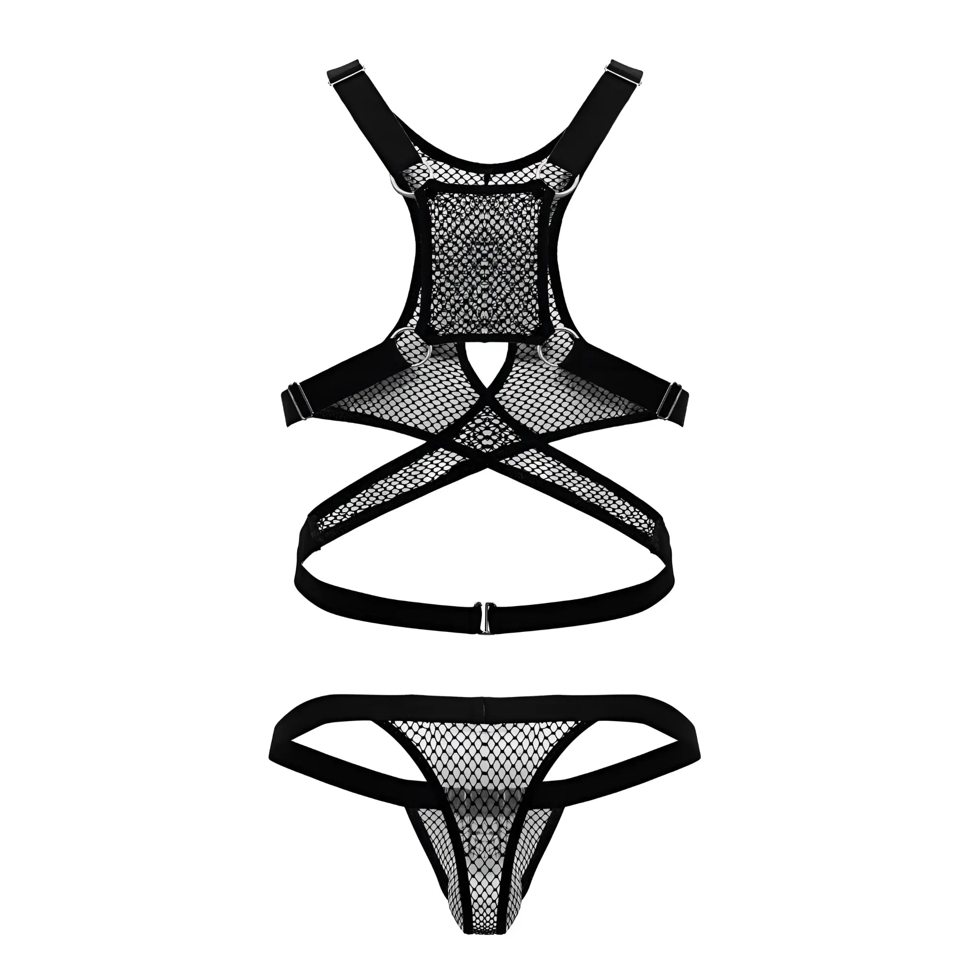 Black mesh candyMan 99862 fishnet lingerie set with adjustable straps and cross-back design shown from back