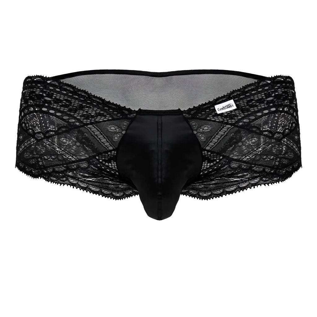 Black candyMan 99863 lace briefs for men with satin front panel mesh back and intricate floral pattern