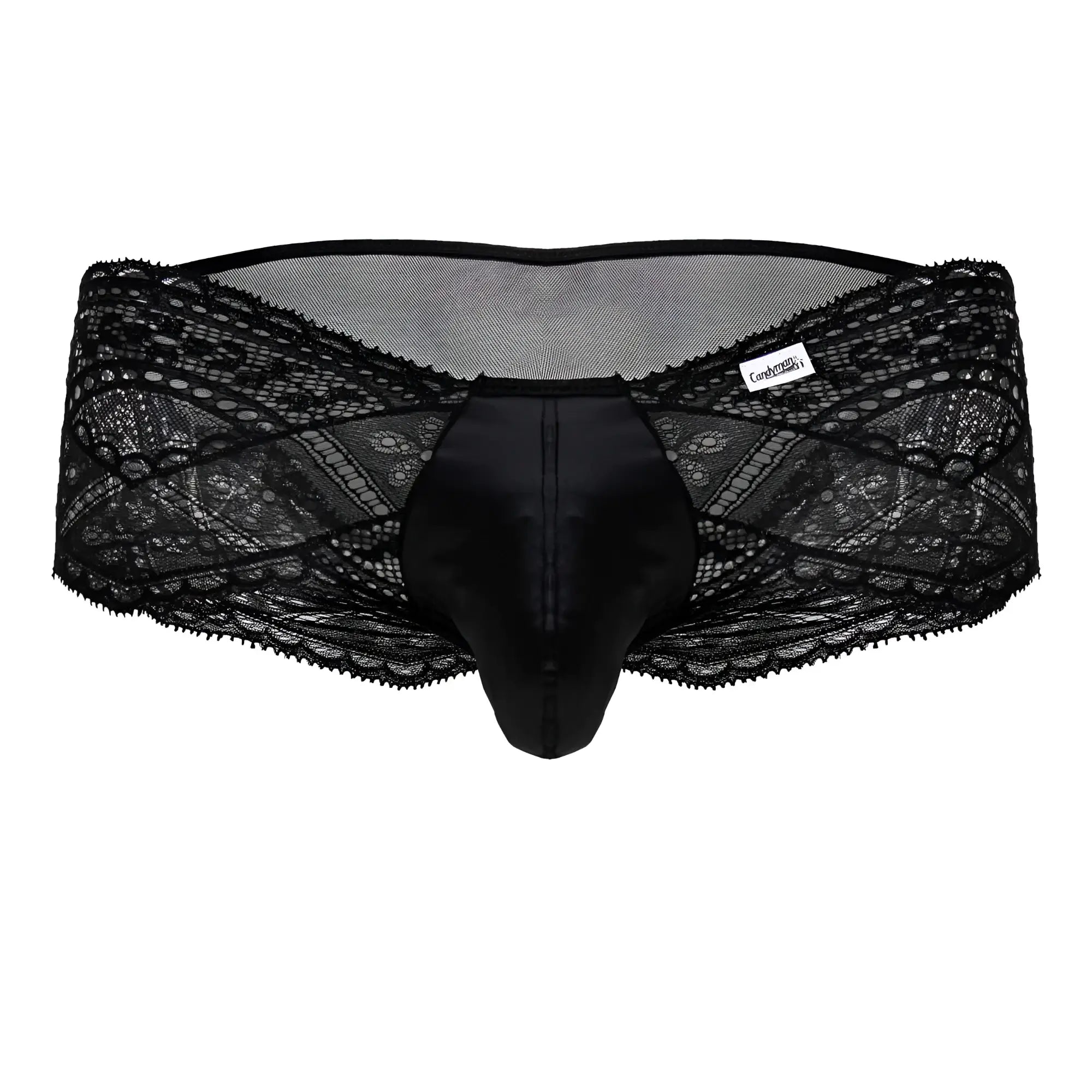 Black candyMan 99863 lace briefs for men with satin front panel mesh back and intricate floral pattern