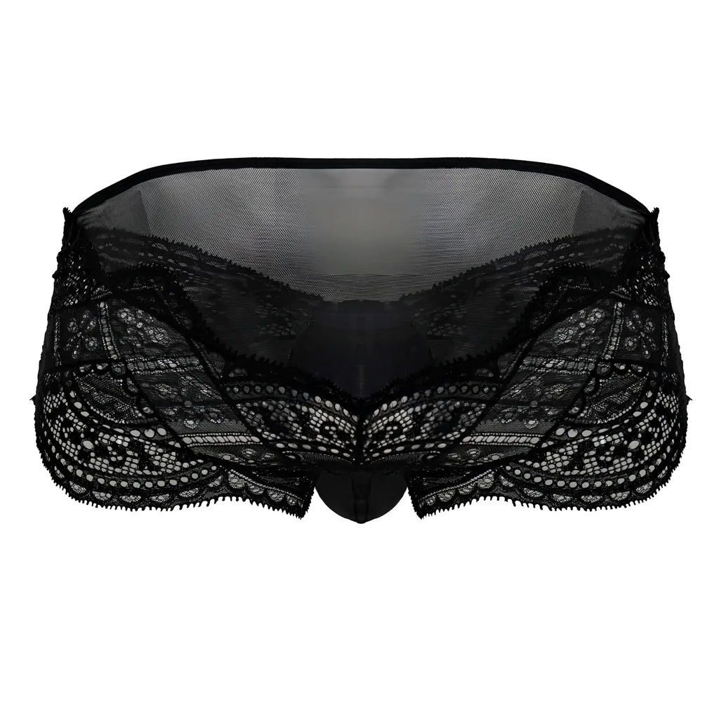 Black candyman 99863 lace briefs featuring intricate floral patterns and a sheer mesh back