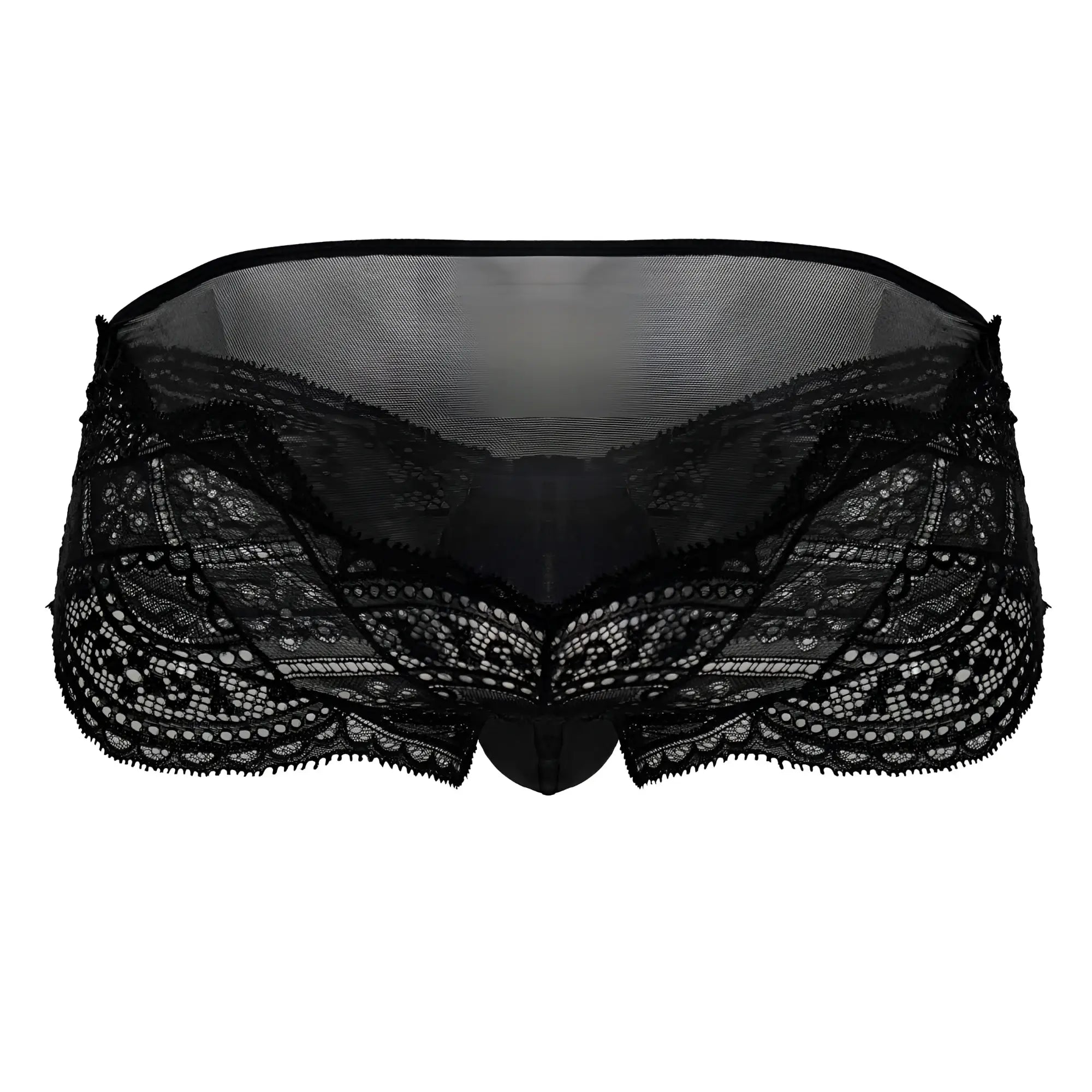 Black candyman 99863 lace briefs featuring intricate floral patterns and a sheer mesh back