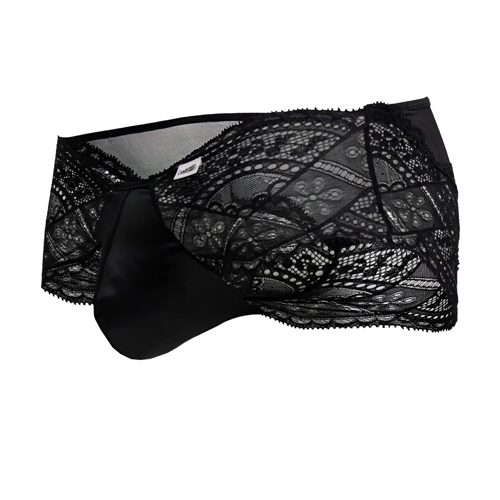 Black lace briefs by candyman featuring a satin-covered pouch in black lace material for elegant lingerie wear