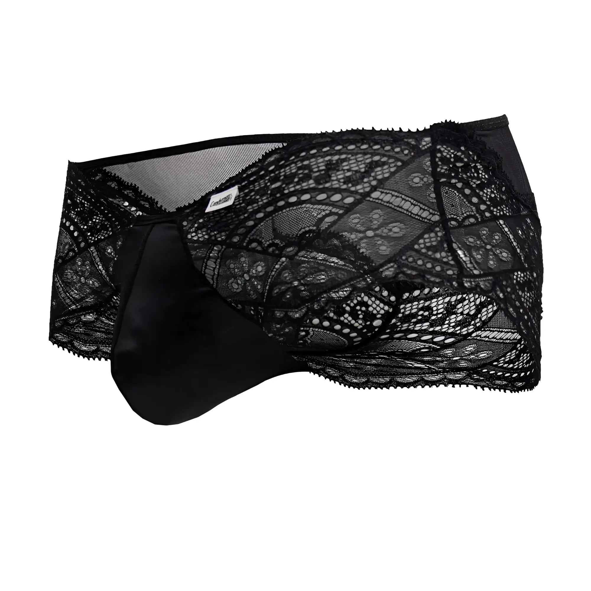 Black lace briefs by candyman featuring a satin-covered pouch in black lace material for elegant lingerie wear