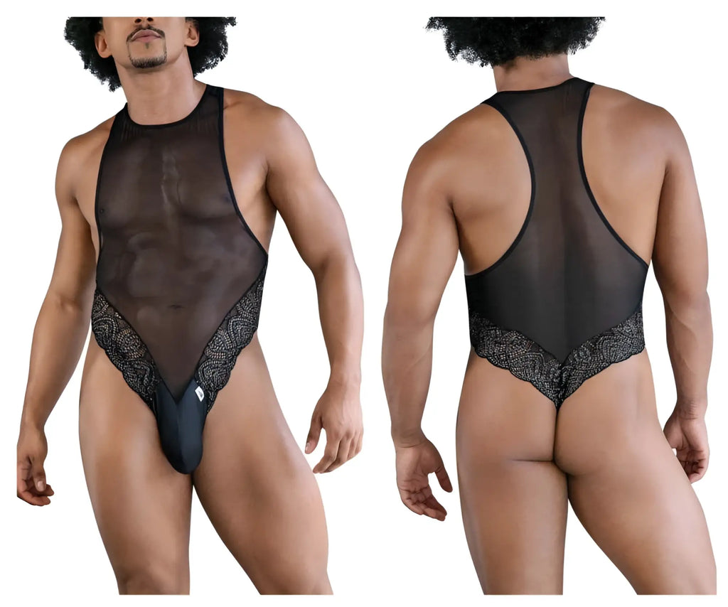 Black sheer mesh CandyMan 99864 lace trim bodysuit with solid black thong shown from the back side