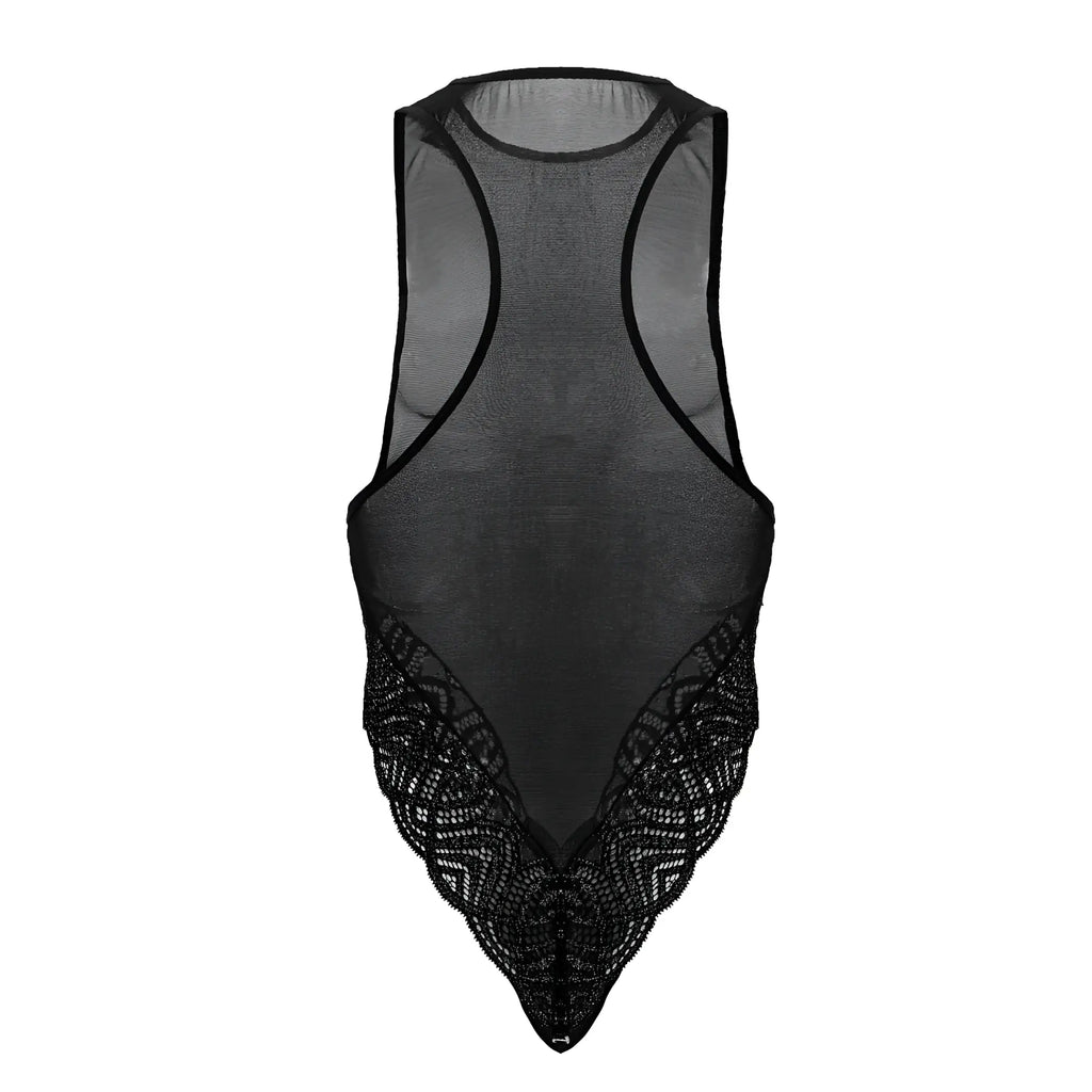 Black sheer mesh candyman 99864 bodysuit with intricate lace detailing along the lower hem