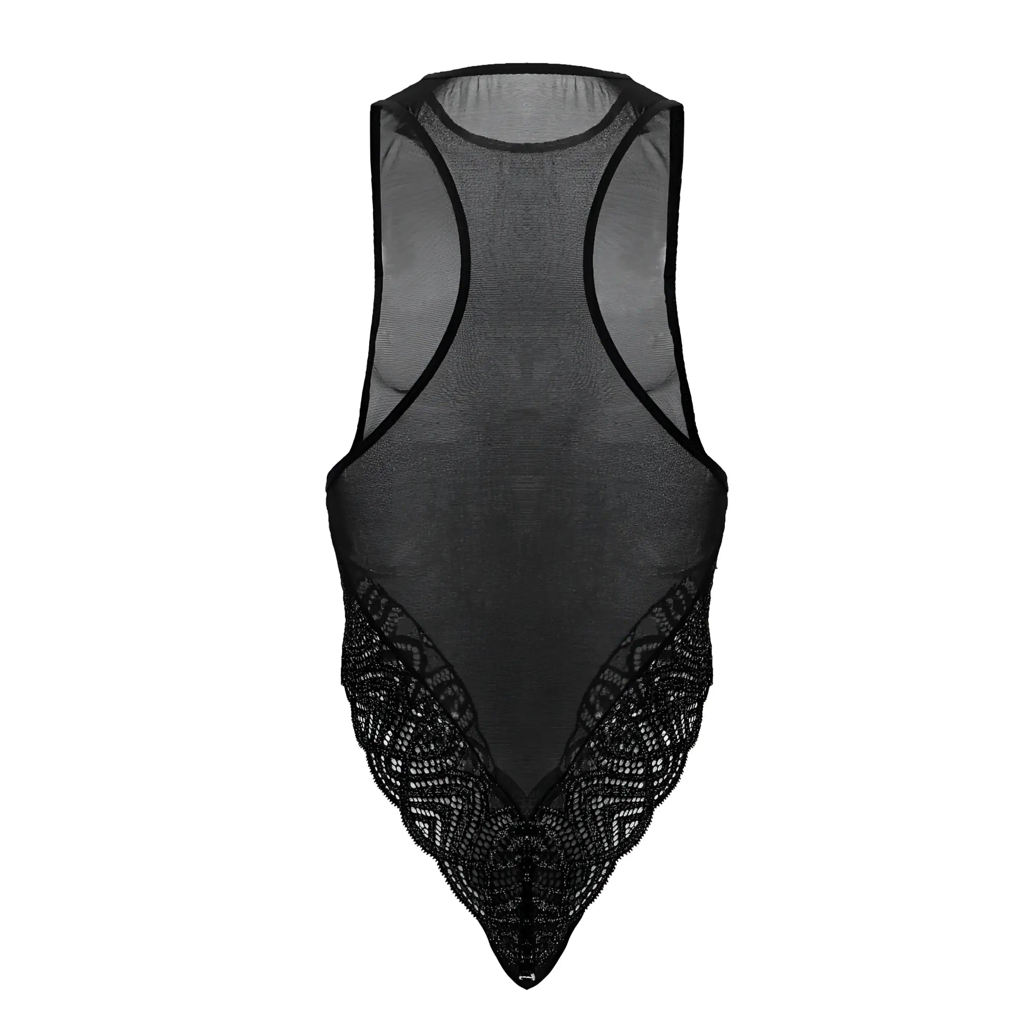 Black sheer mesh candyman 99864 bodysuit with intricate lace detailing along the lower hem