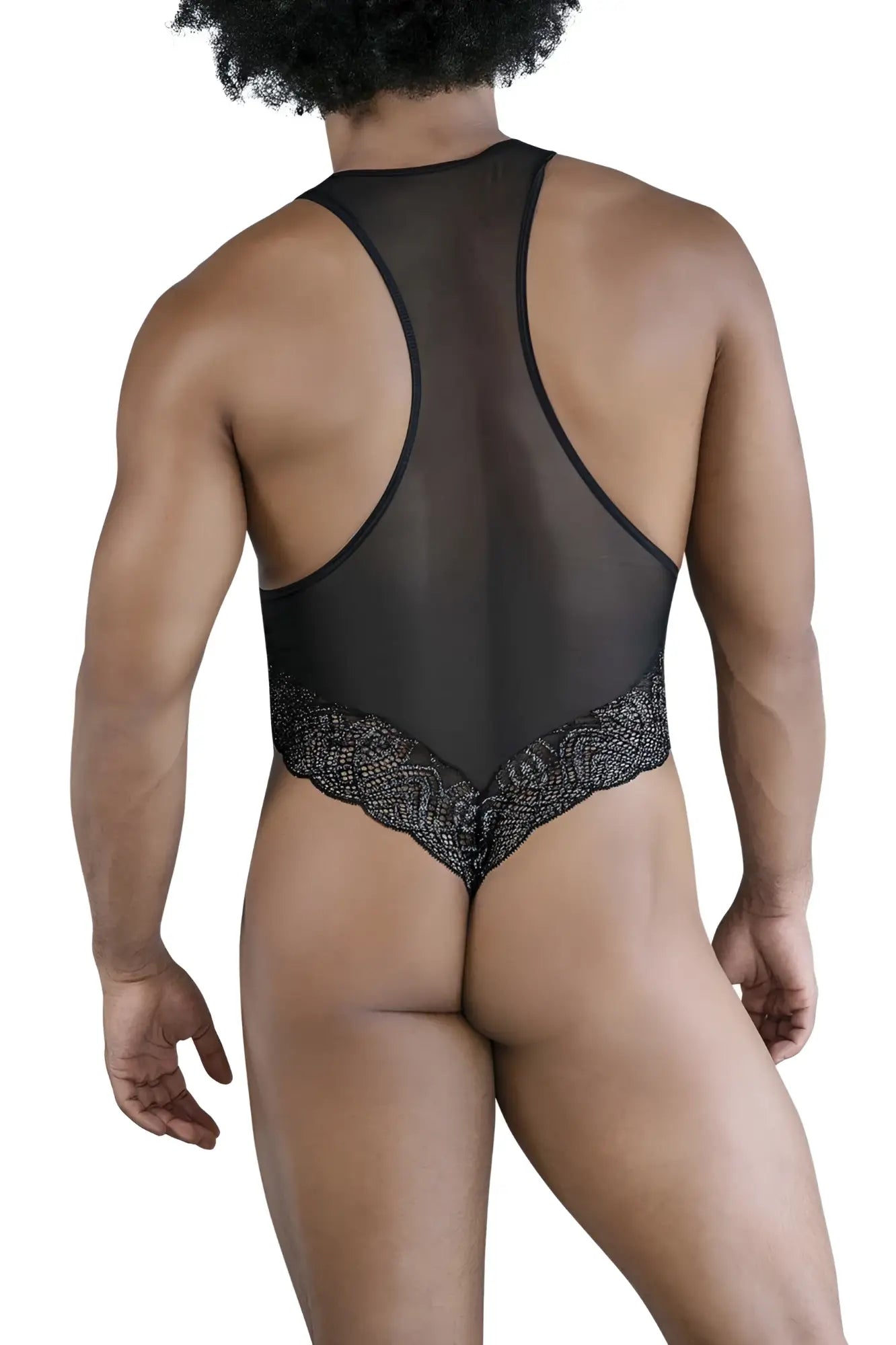 Black sheer mesh bodysuit with intricate lace trim at waistband candyMan 99864 lace-mesh bodysuit color black