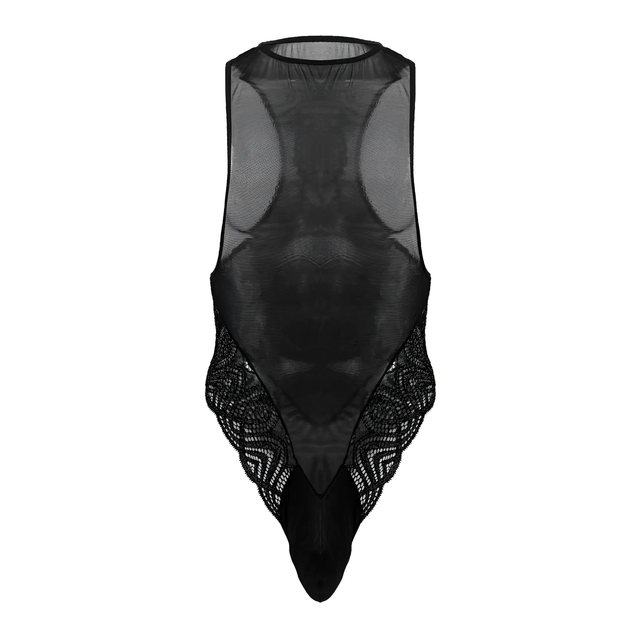Black sheer mesh CandyMan 99864 bodysuit with intricate lace detailing along sides and bottom