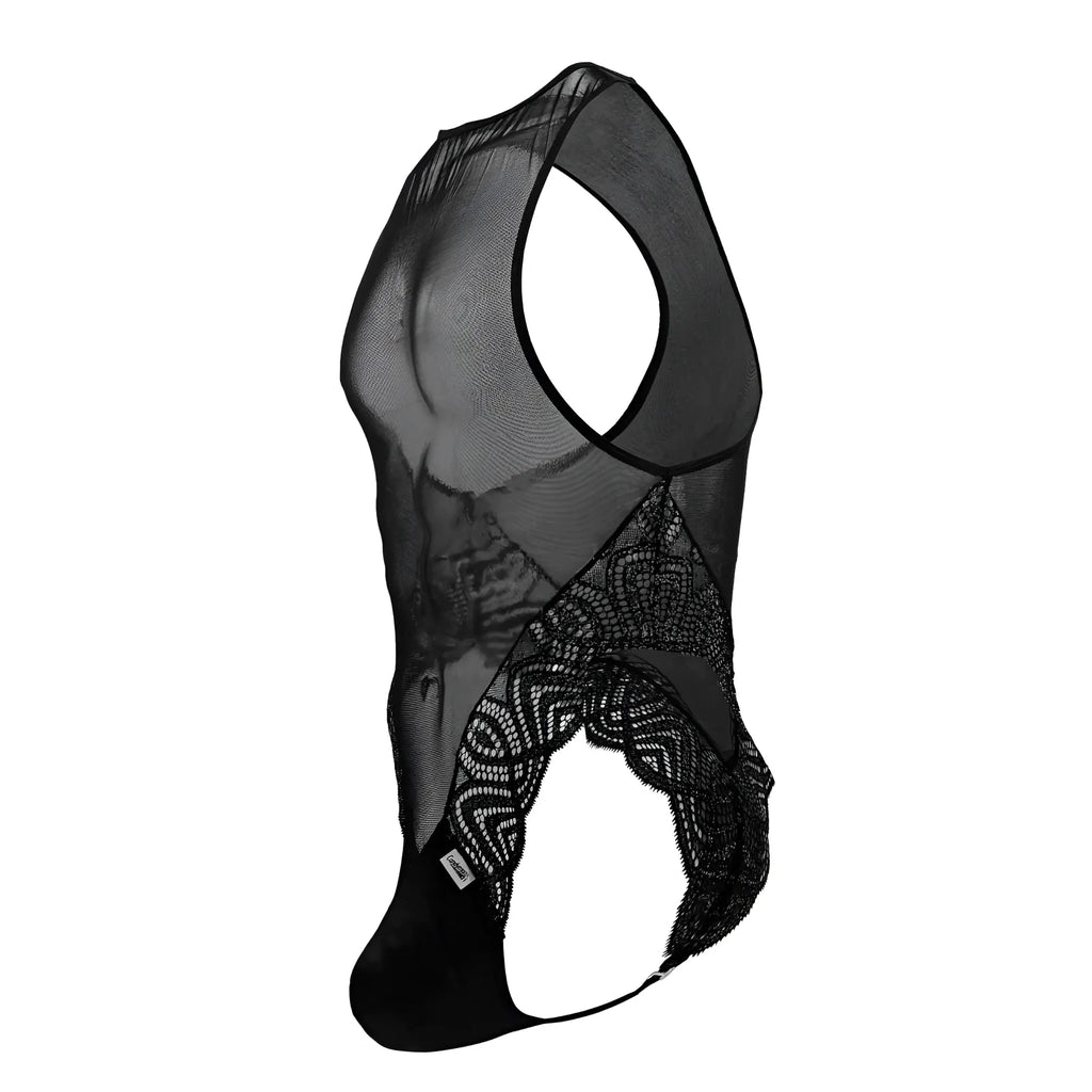 CandyMan 99864 black sheer mesh men’s bodysuit with intricate lace sides and solid fabric panel at the bottom