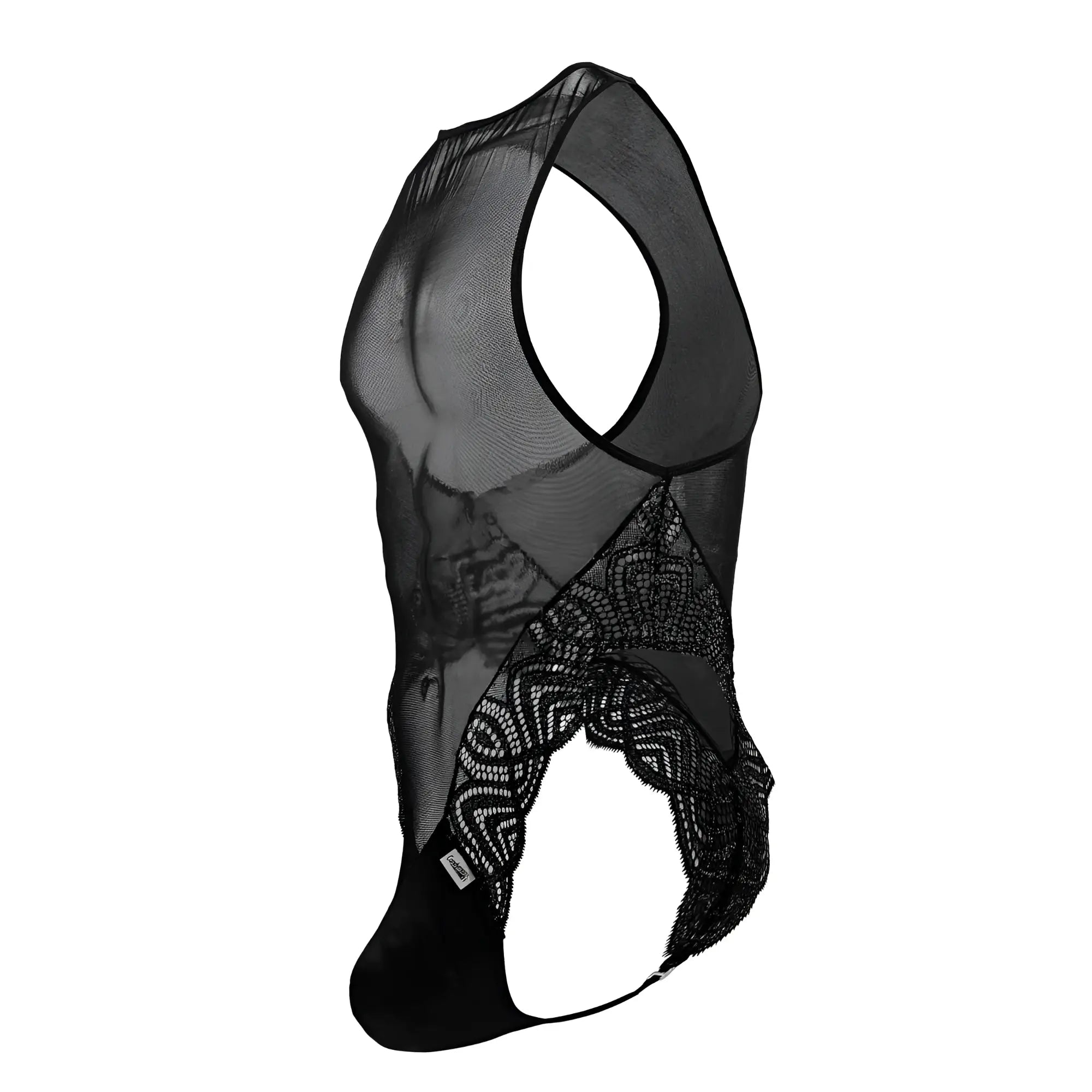 CandyMan 99864 black sheer mesh men’s bodysuit with intricate lace sides and solid fabric panel at the bottom