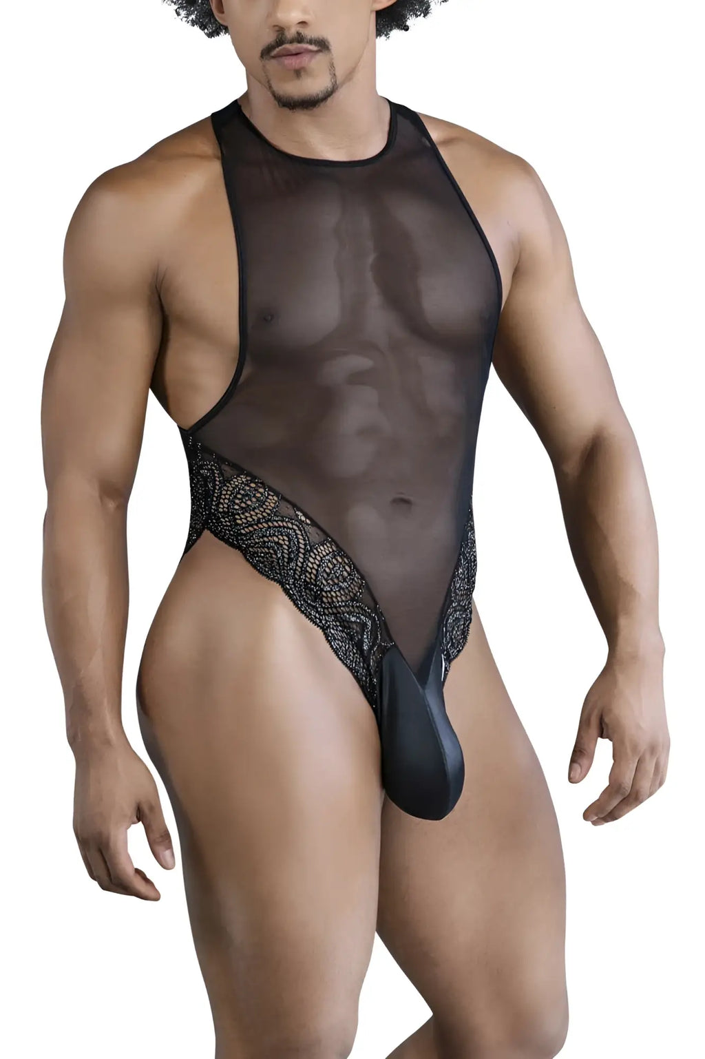 Black CandyMan 99864 sheer mesh bodysuit with lace trim and solid black pouch for intimate wear