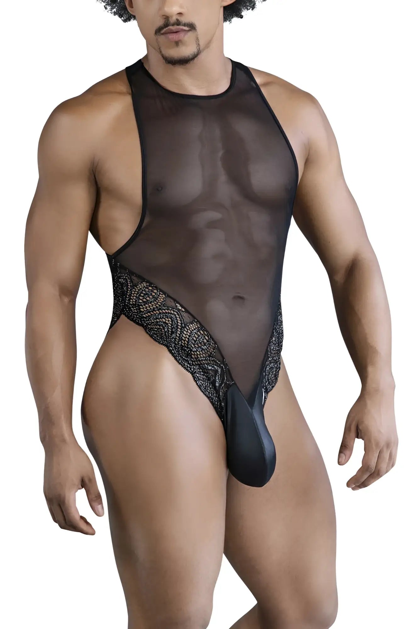 Black CandyMan 99864 sheer mesh bodysuit with lace trim and solid black pouch for intimate wear
