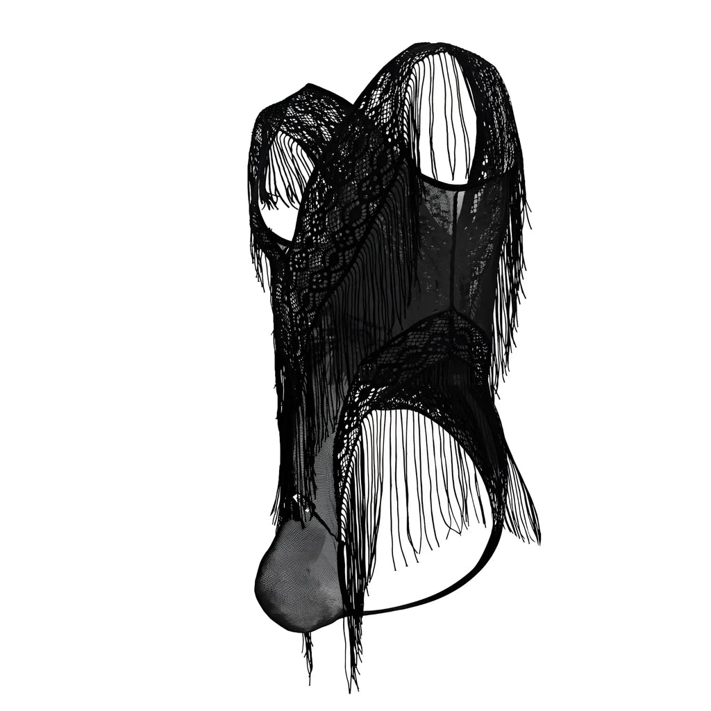 Black lace mesh bodysuit with long fringe detailing by CandyMan in black for elegant lingerie wear