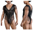 Black lace mesh bodysuit with fringe detailing candyMan 99865 designed for elegant and stylish wear