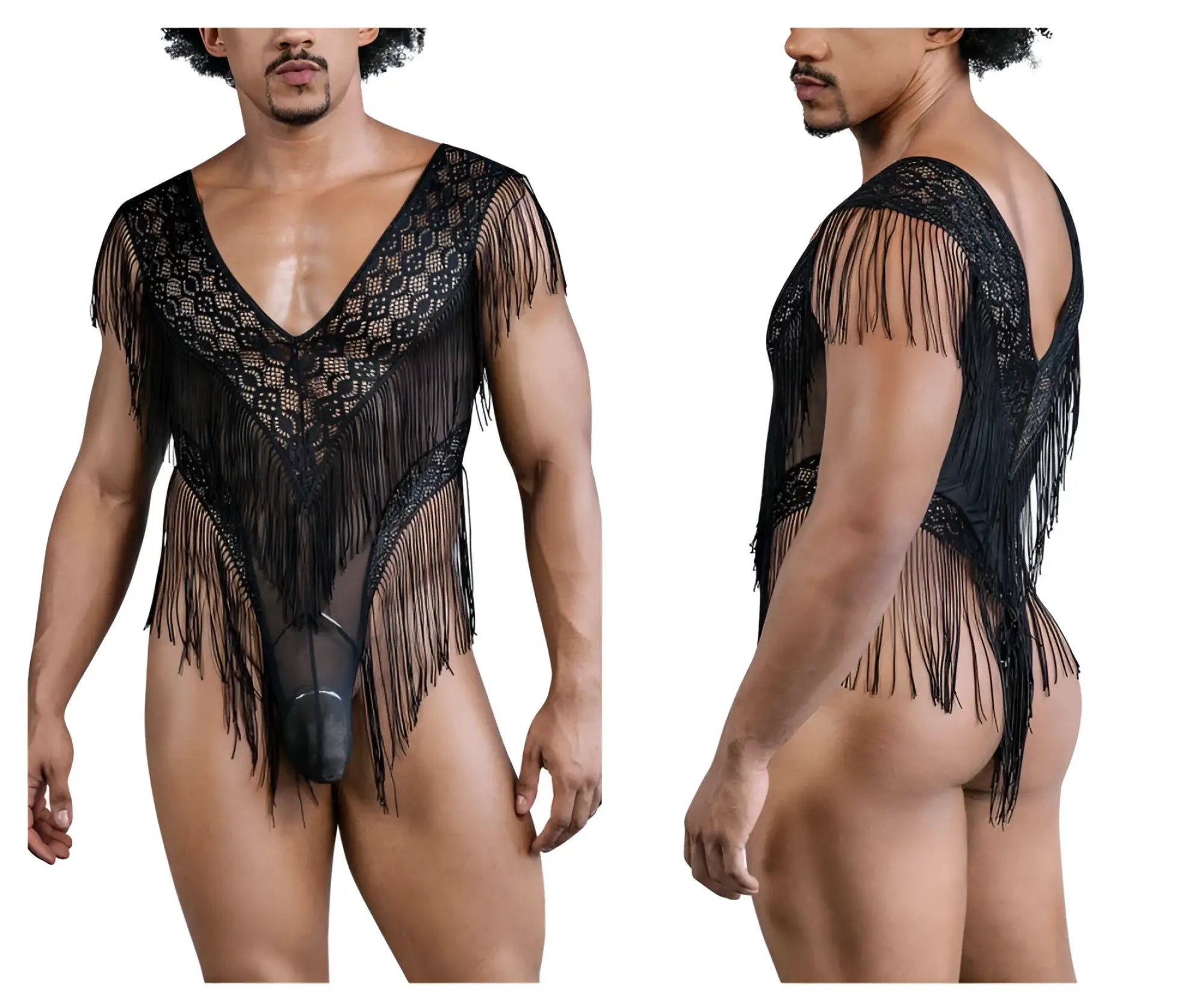 Black lace mesh bodysuit with fringe detailing candyMan 99865 designed for elegant and stylish wear