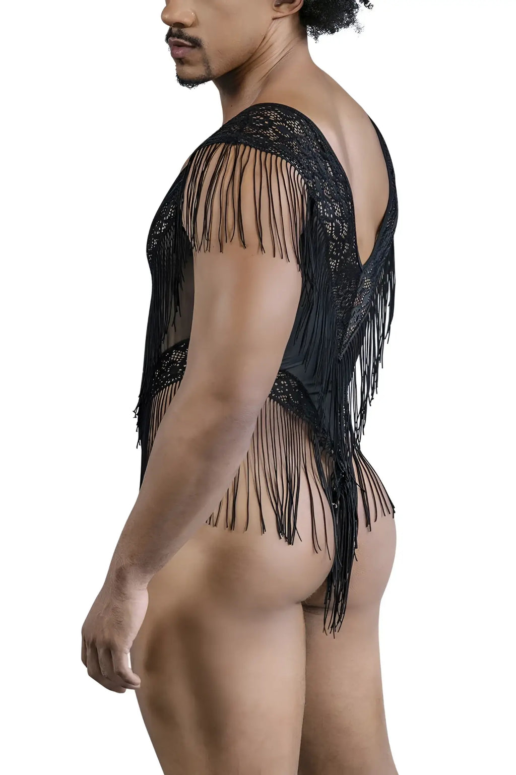 Black lace mesh bodysuit candyman 99865 with intricate detailing and cascading fringe tassels in black color