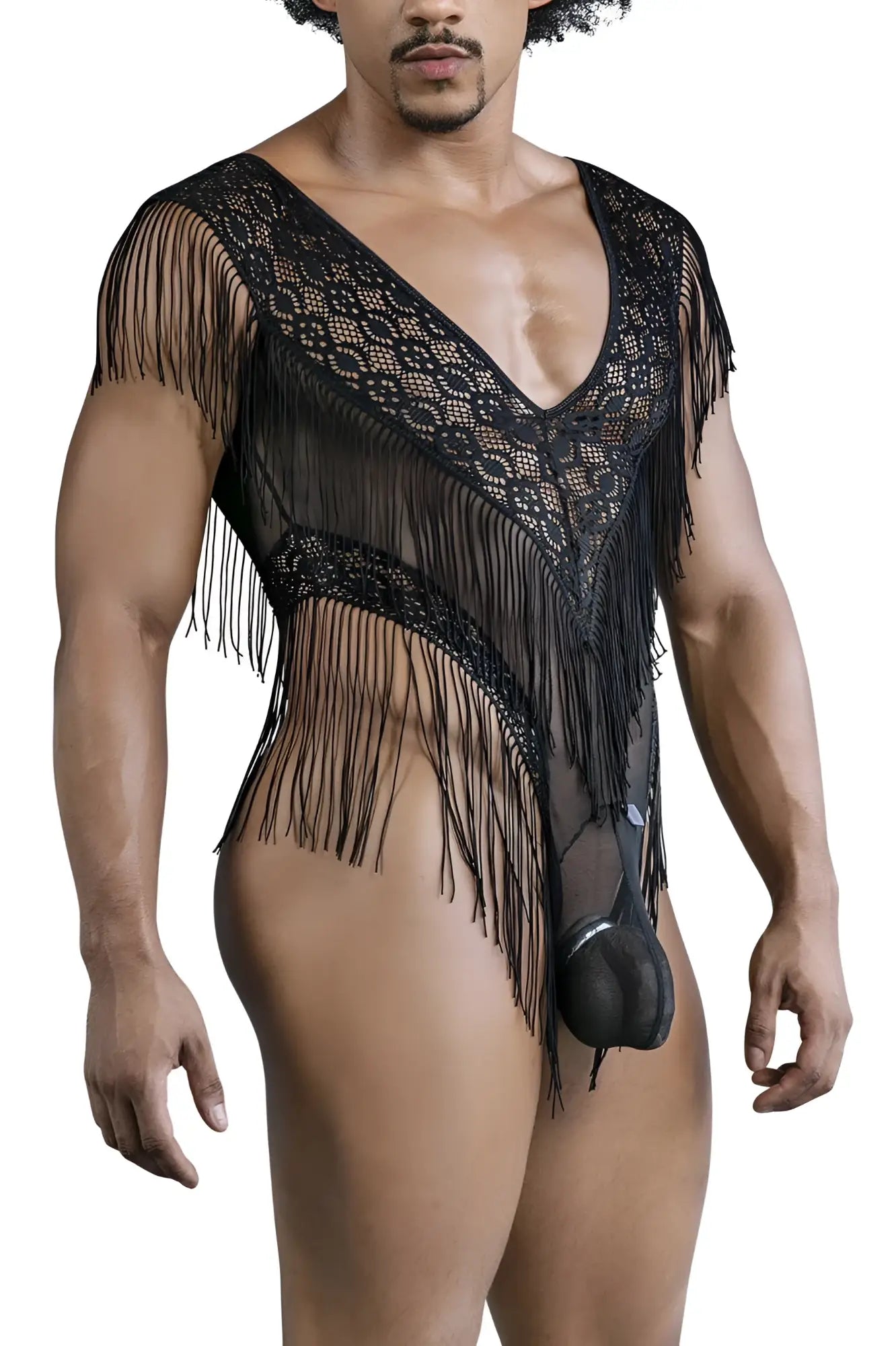 Black lace fringe bodysuit with sheer mesh overlay and matching black pouch candyMan 99865 lace-mesh bodysuit