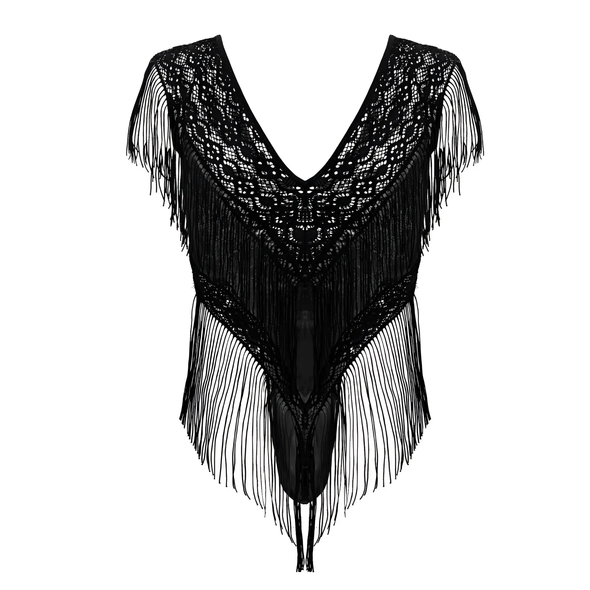 Black lace CandyMan 99865 bodysuit with intricate crochet patterns and long fringe detailing in black mesh material