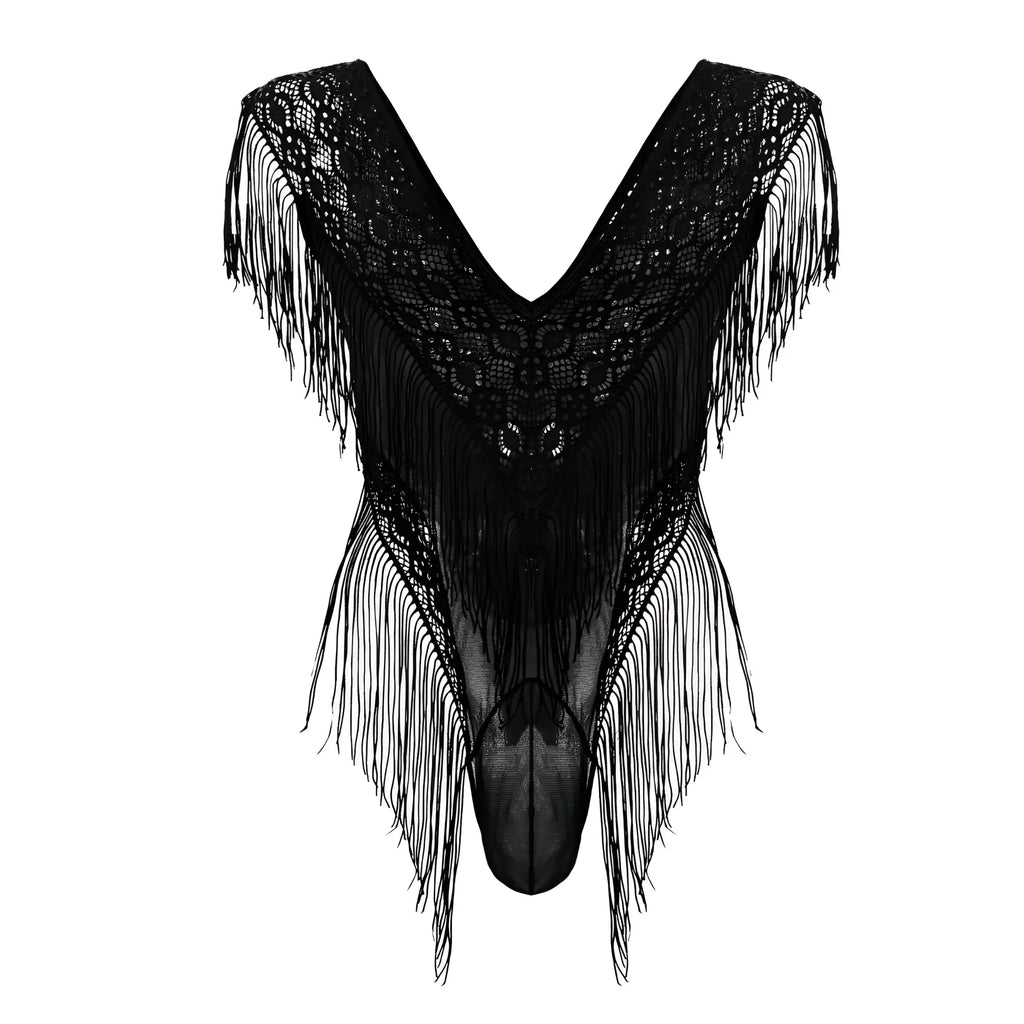 Black lace mesh bodysuit candyMan 99865 with intricate floral patterns and long flowing fringe in black