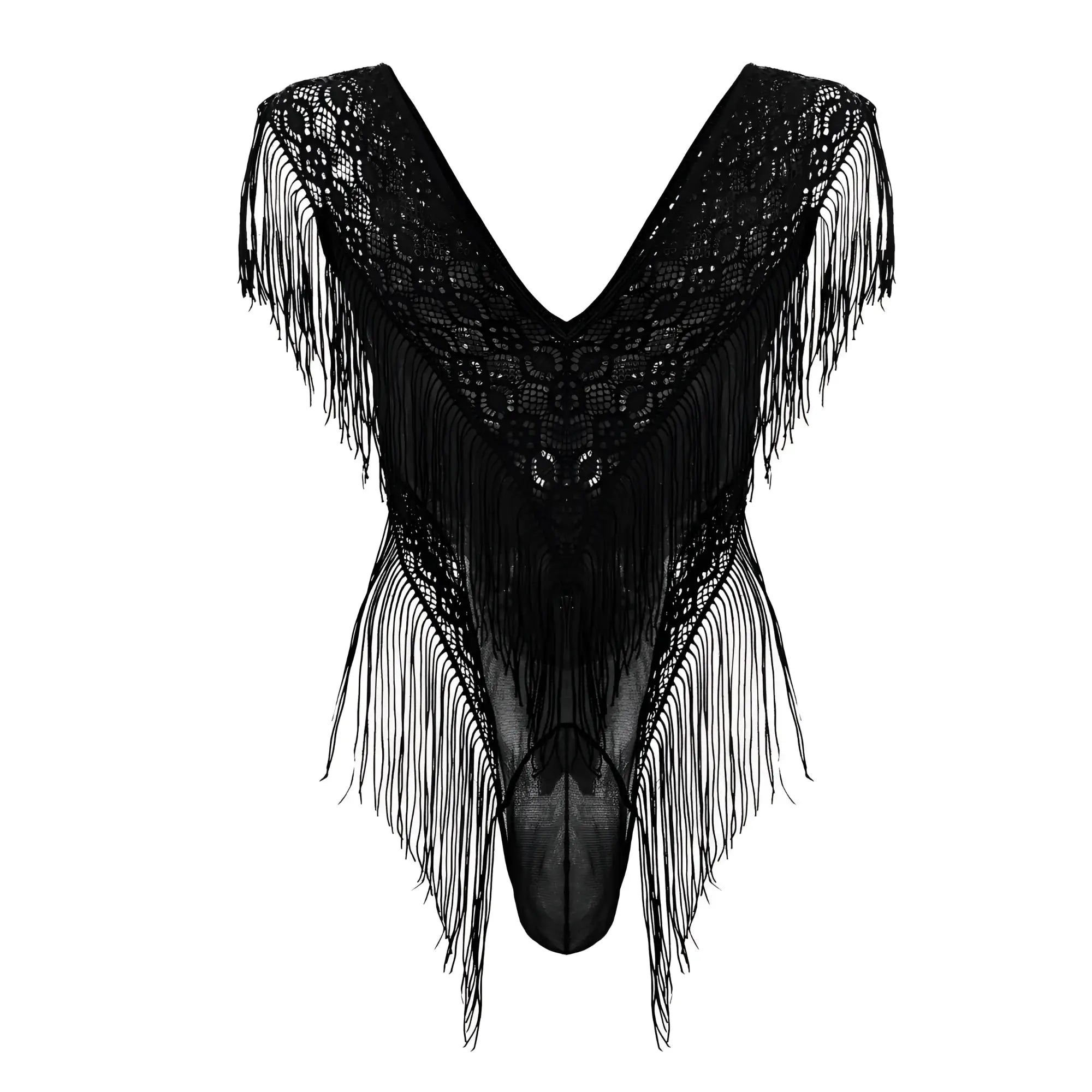 Black lace mesh bodysuit candyMan 99865 with intricate floral patterns and long flowing fringe in black