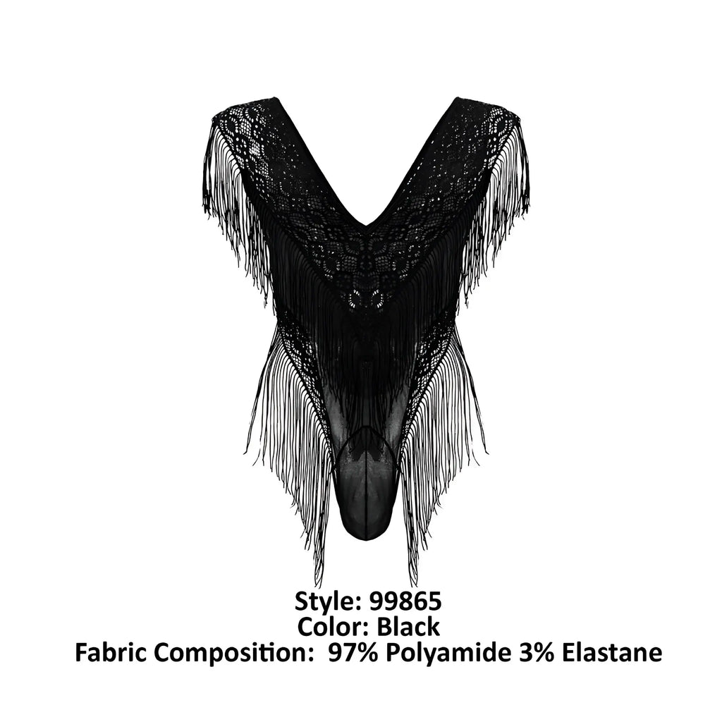Black lace mesh bodysuit by candyman with intricate fringed detailing in black lace material