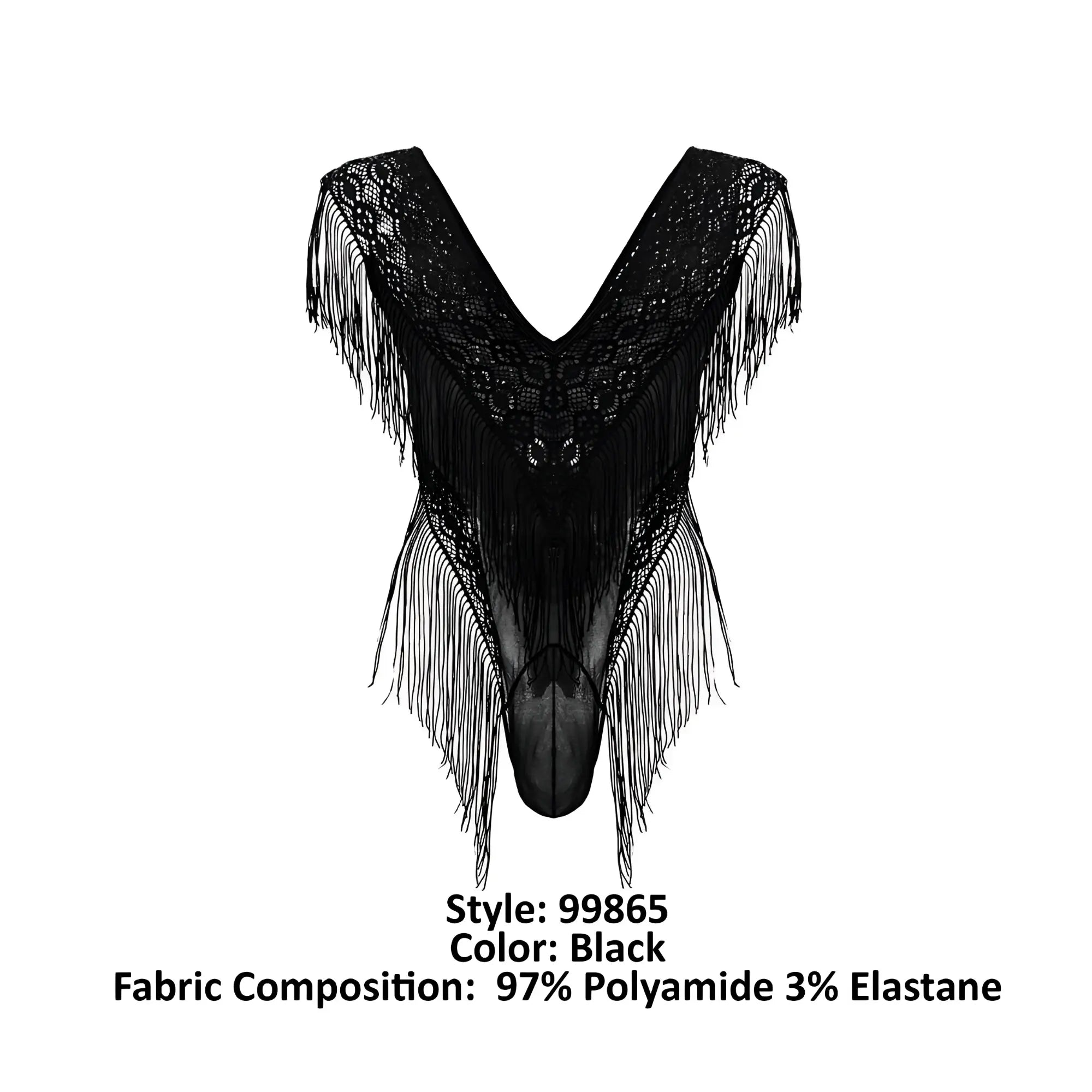 Black lace mesh bodysuit by candyman with intricate fringed detailing in black lace material