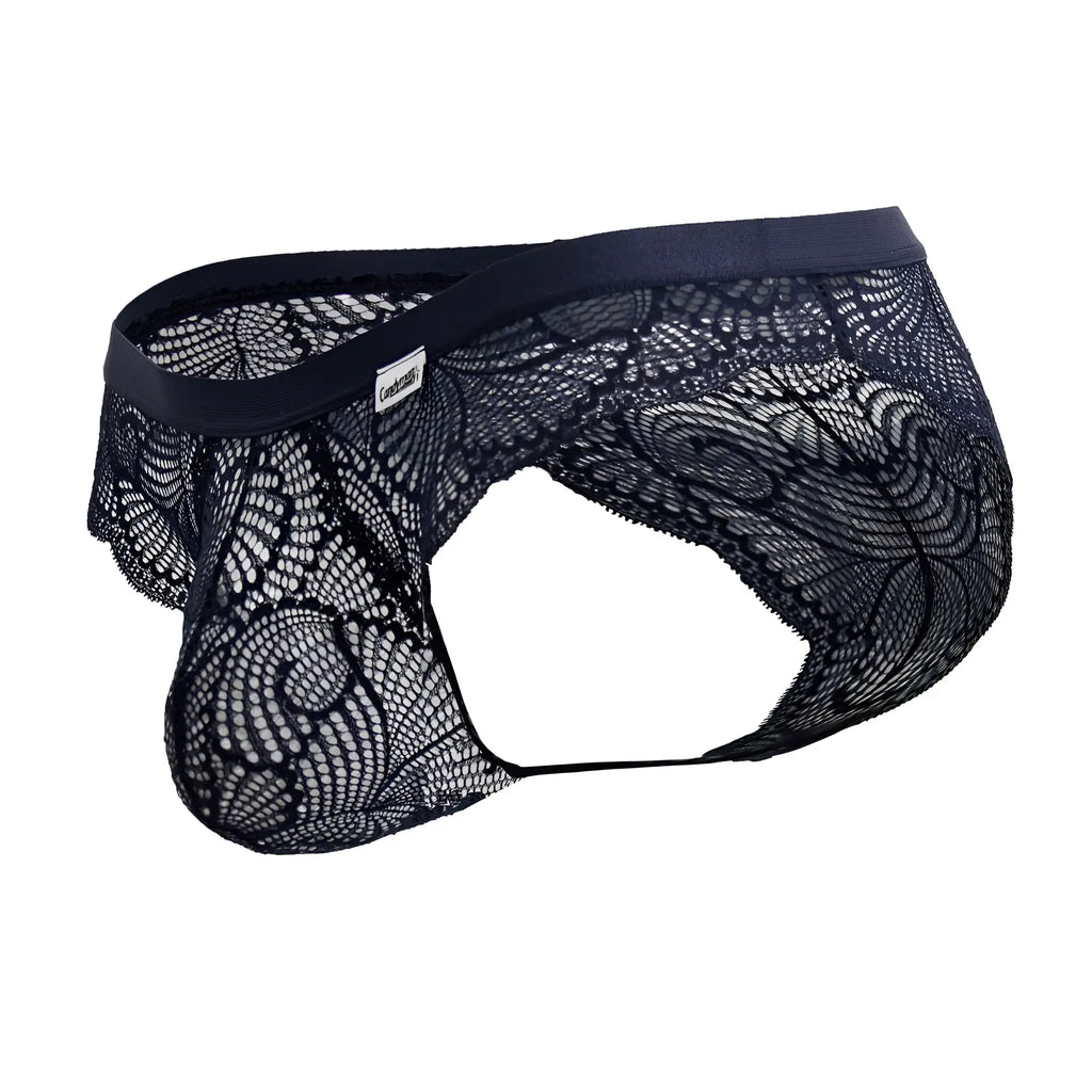 CandyMan 99868 lace briefs navy men’s black lace briefs with intricate floral pattern and solid elastic waistband