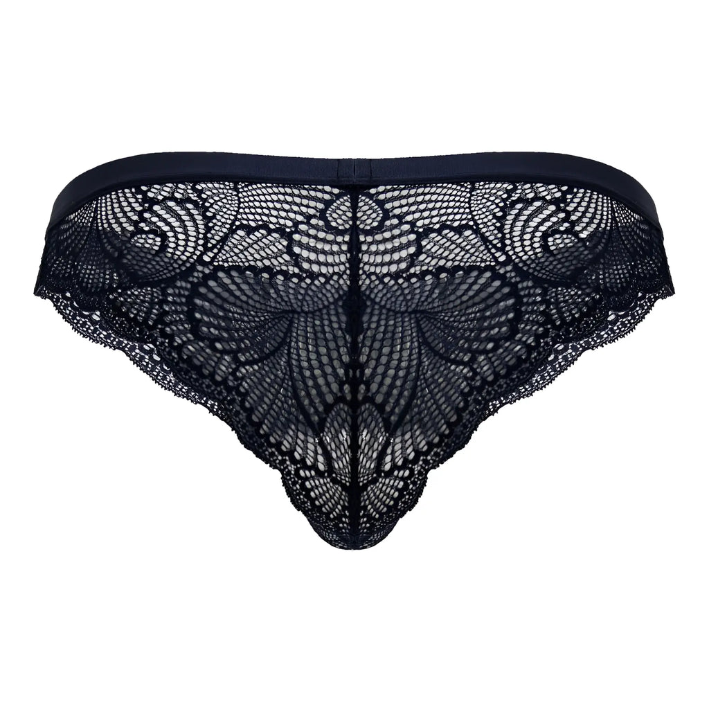 Navy candy man 99868 lace briefs featuring black lace thong with intricate butterfly pattern and elastic waistband