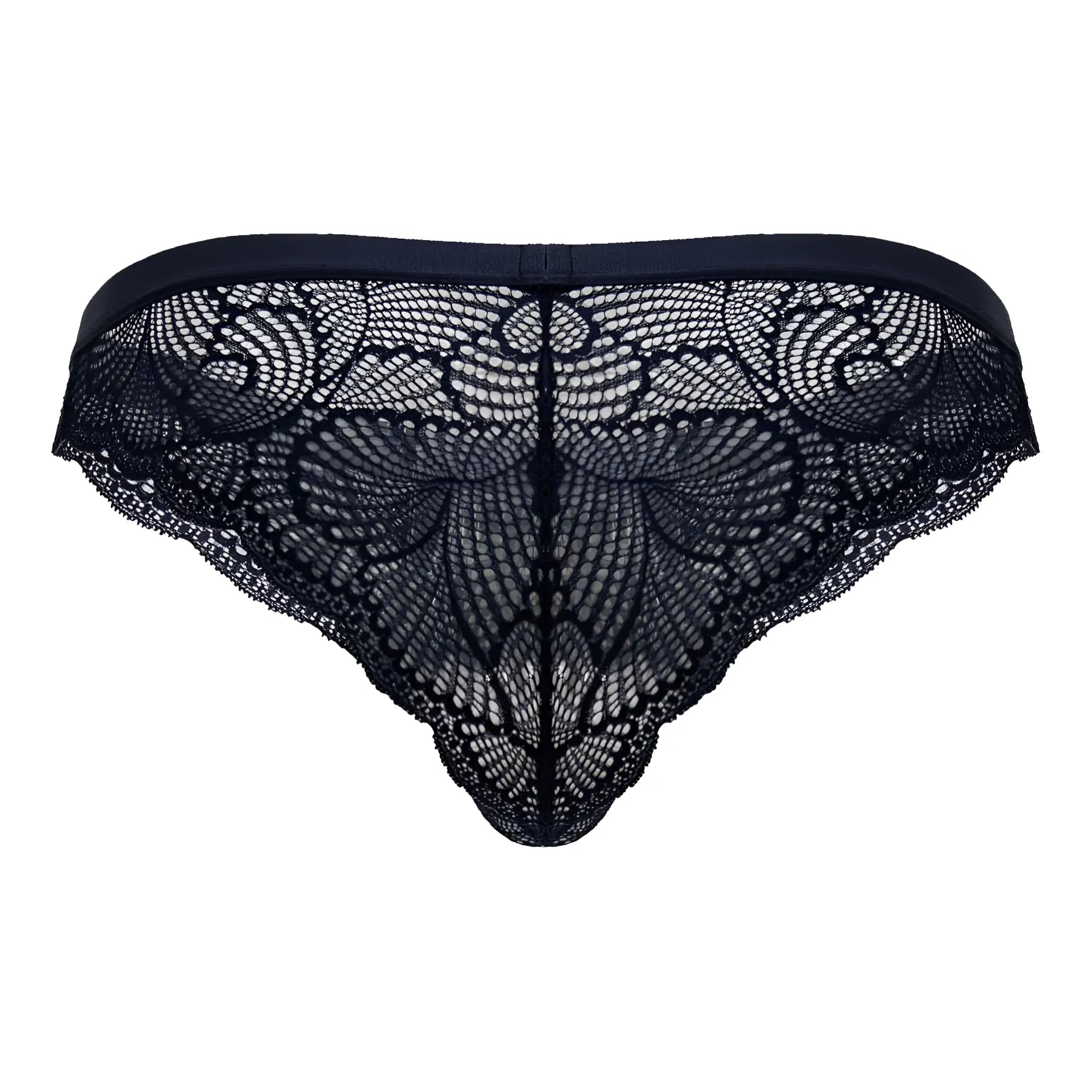 Navy candy man 99868 lace briefs featuring black lace thong with intricate butterfly pattern and elastic waistband