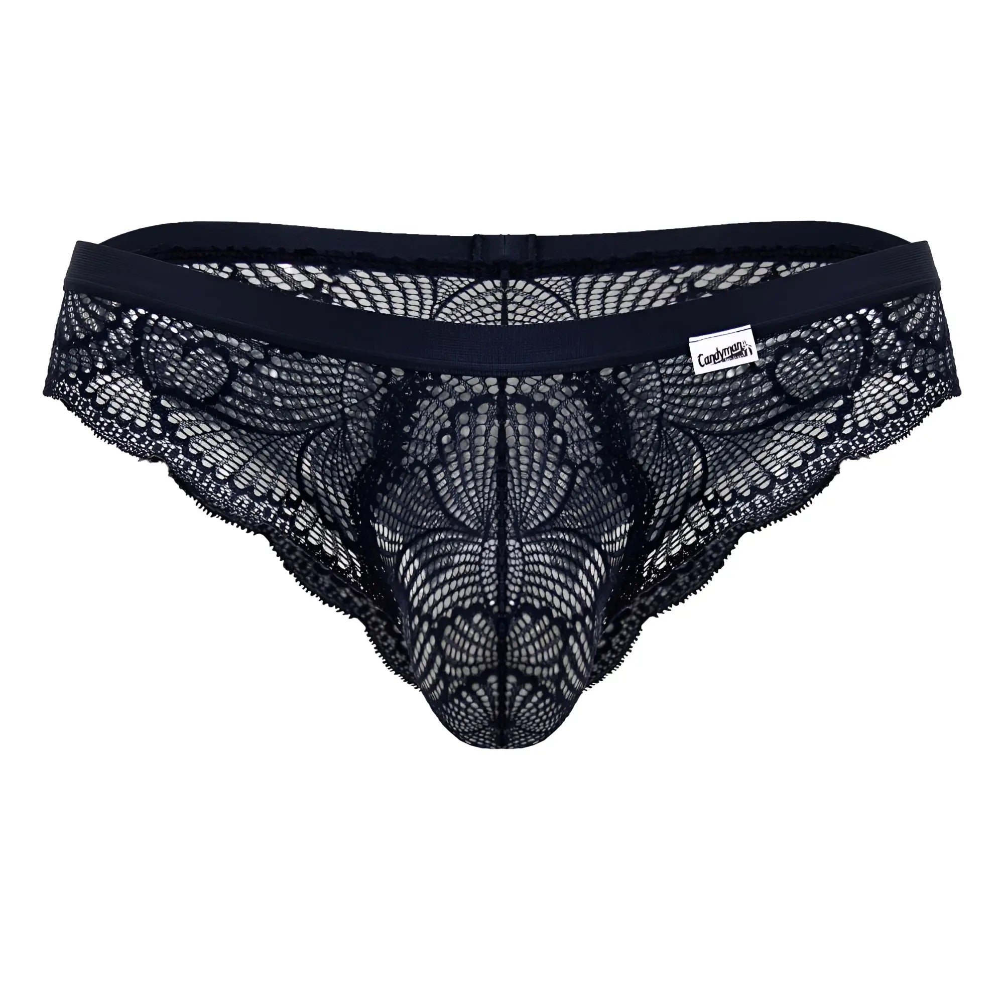 Navy candyman 99868 lace briefs featuring intricate floral patterns and a solid elastic waistband