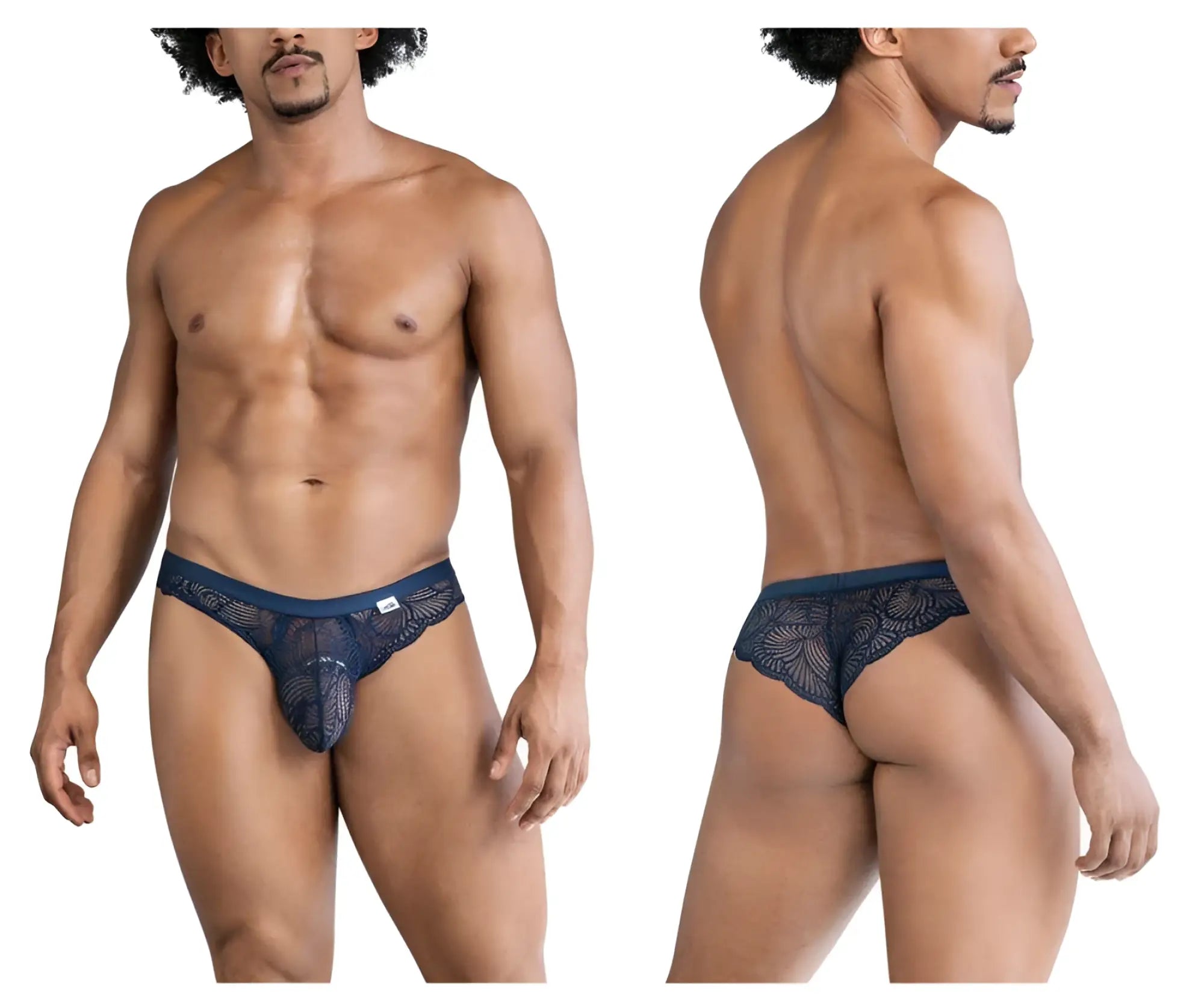 Navy blue lace men’s thong with intricate floral pattern and elastic waistband from candyman 99868 lace briefs collection