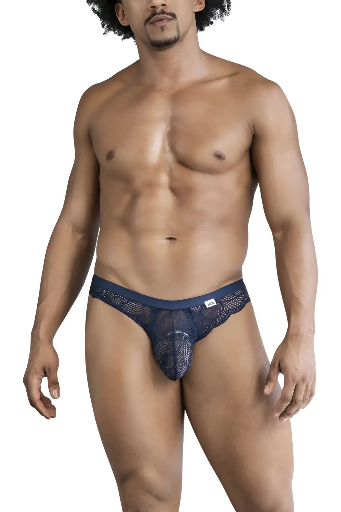 Navy blue CandyMan 99868 lace thong with intricate leaf pattern and solid waistband shown from the back side