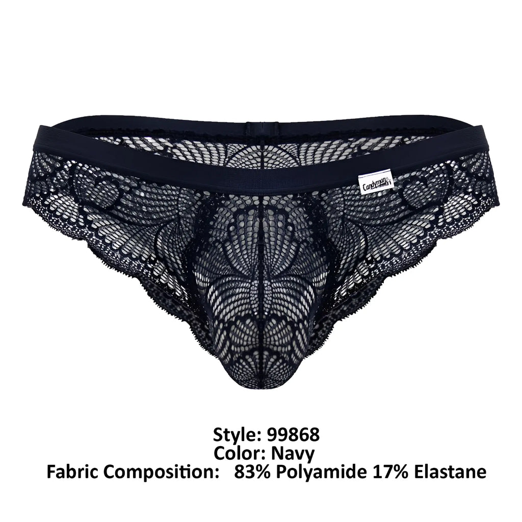 Navy lace thong candy man 99868 with intricate floral patterns and stretchy elastic waistband shown from the back