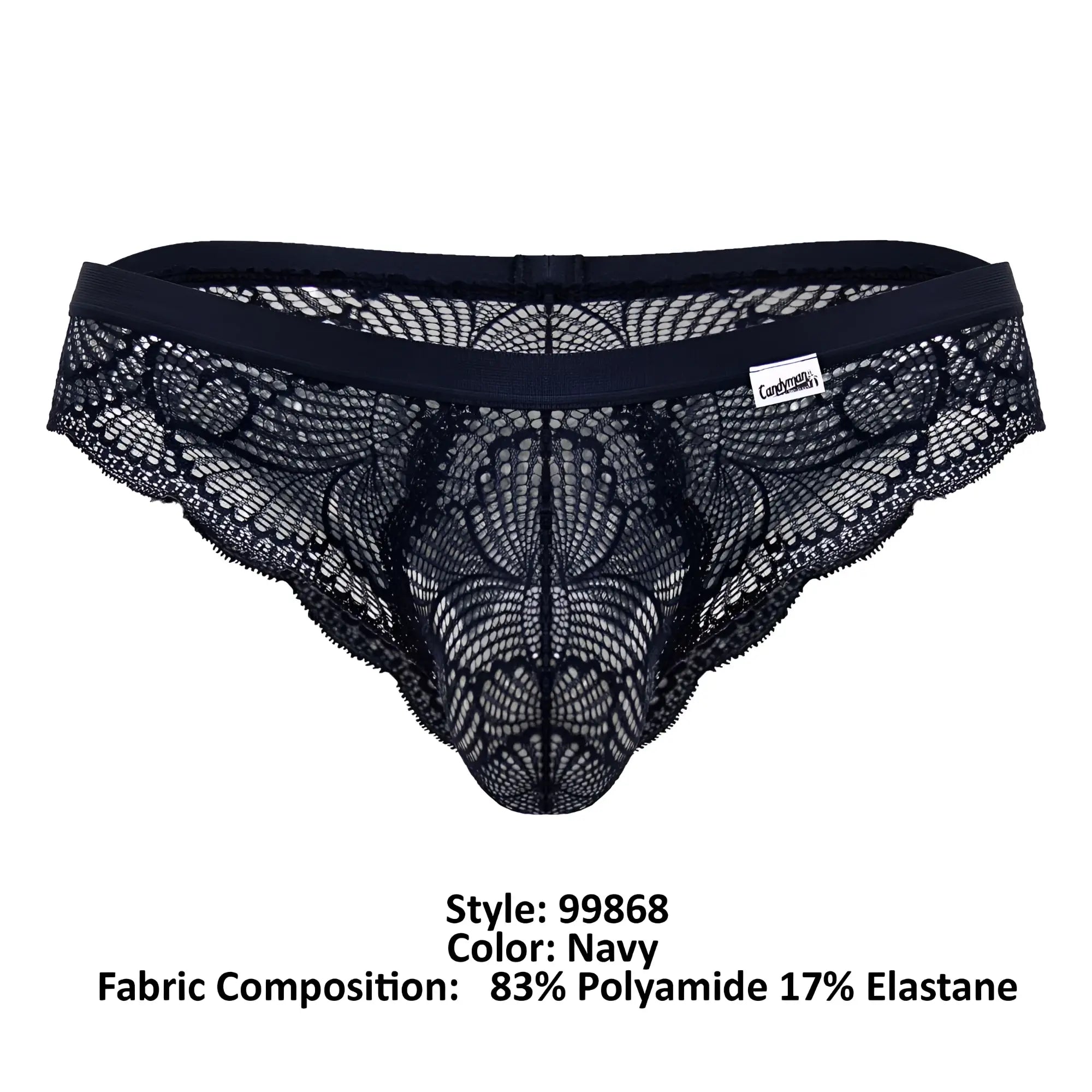 Navy lace thong candy man 99868 with intricate floral patterns and stretchy elastic waistband shown from the back