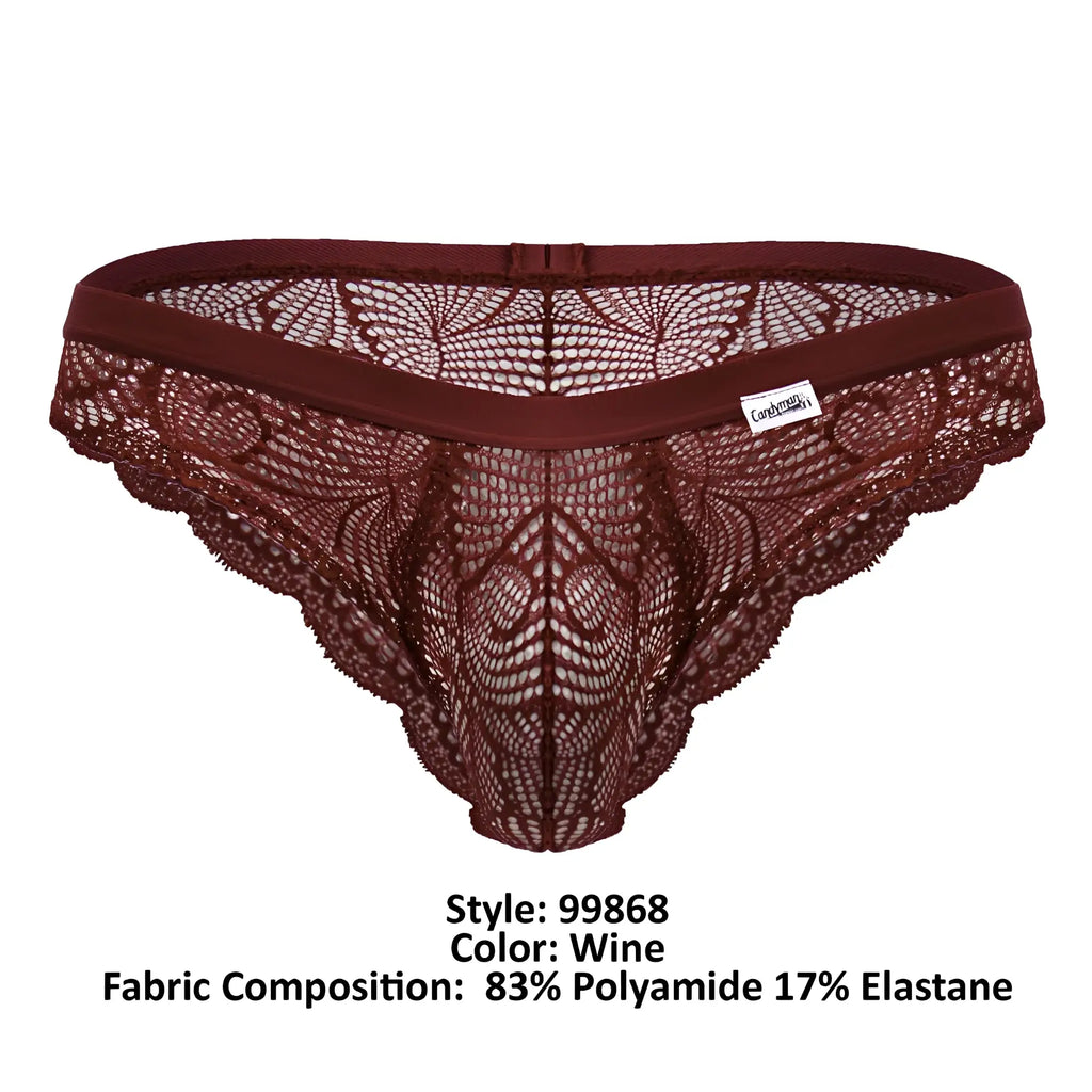 Wine-colored lace thong with solid elastic waistband and intricate floral patterns from Candyman 99868 lace briefs