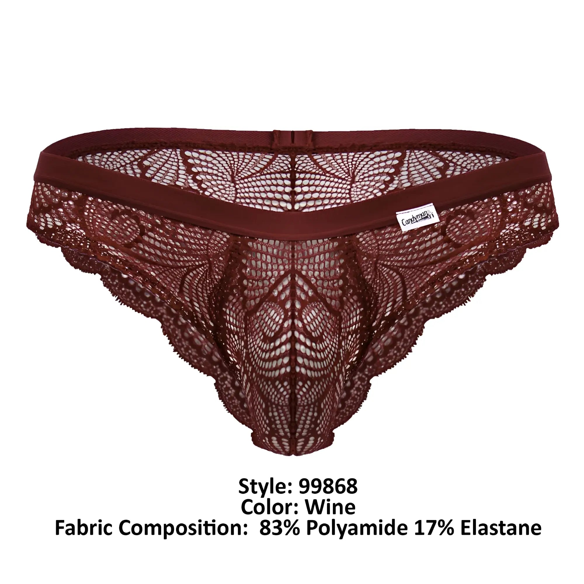 Wine-colored lace thong with solid elastic waistband and intricate floral patterns from Candyman 99868 lace briefs