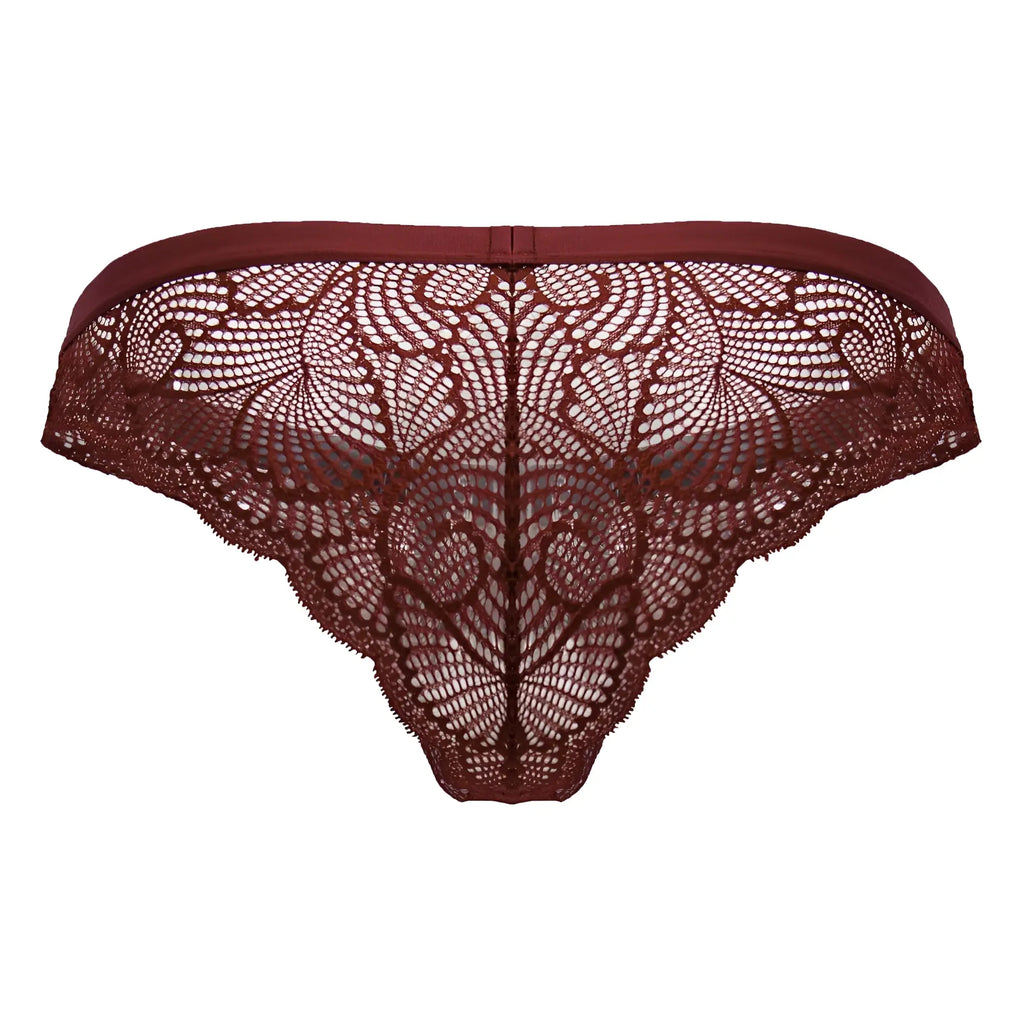 A maroon candy man 99868 lace thong with intricate floral patterns and a smooth elastic waistband