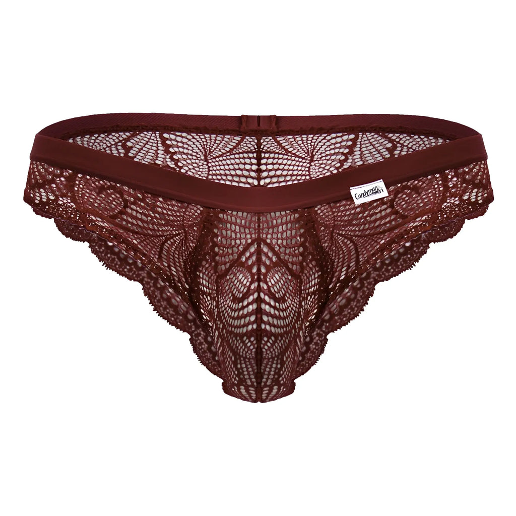 CandyMan 99868 lace briefs color wine maroon lace thong with intricate floral patterns and solid elastic waistband