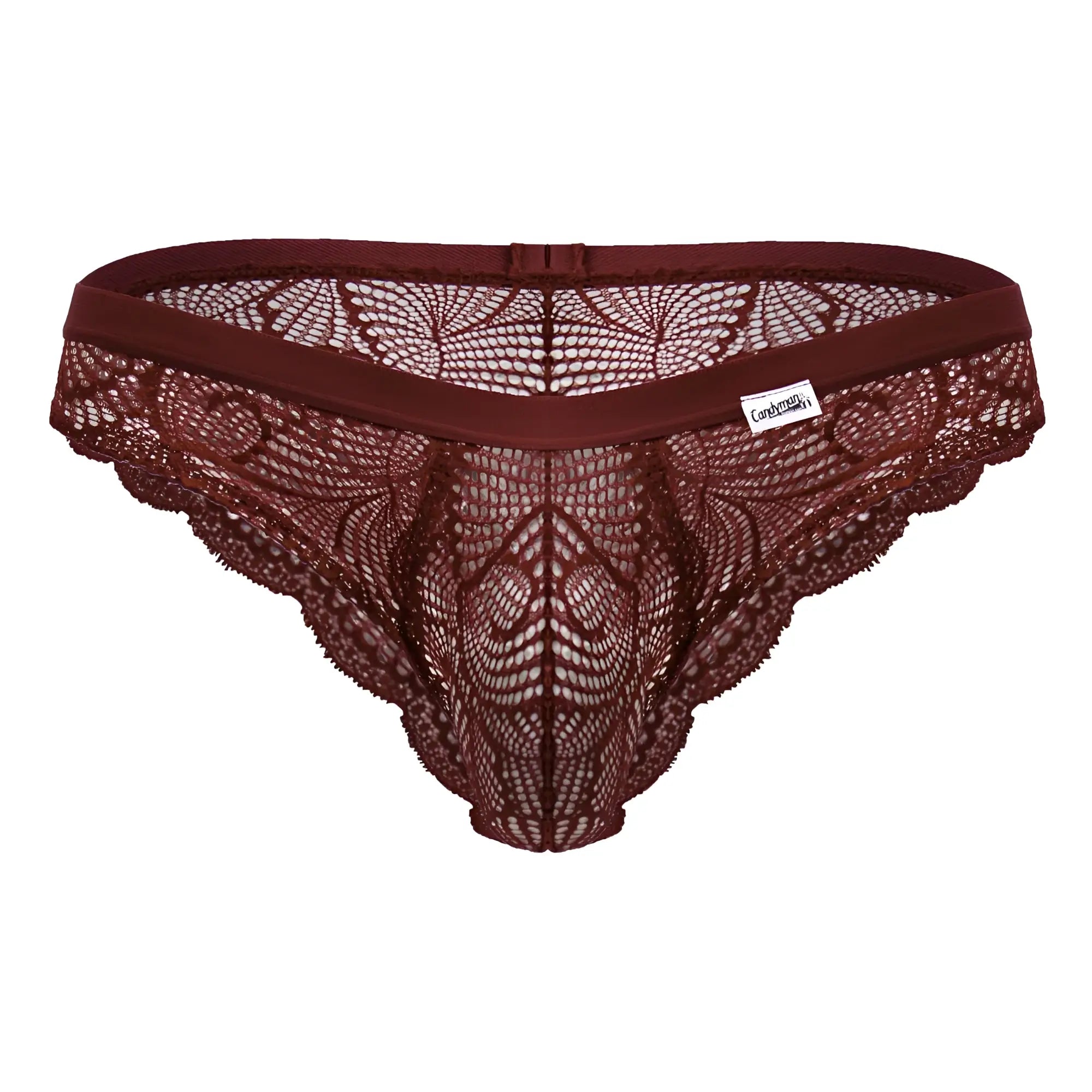 CandyMan 99868 lace briefs color wine maroon lace thong with intricate floral patterns and solid elastic waistband