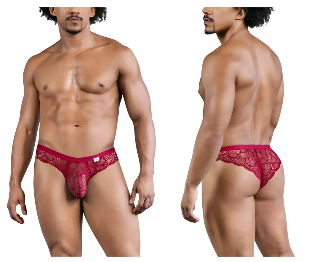 Red lace thong candyMan 99868 featuring an intricate floral pattern in wine color lace brief style