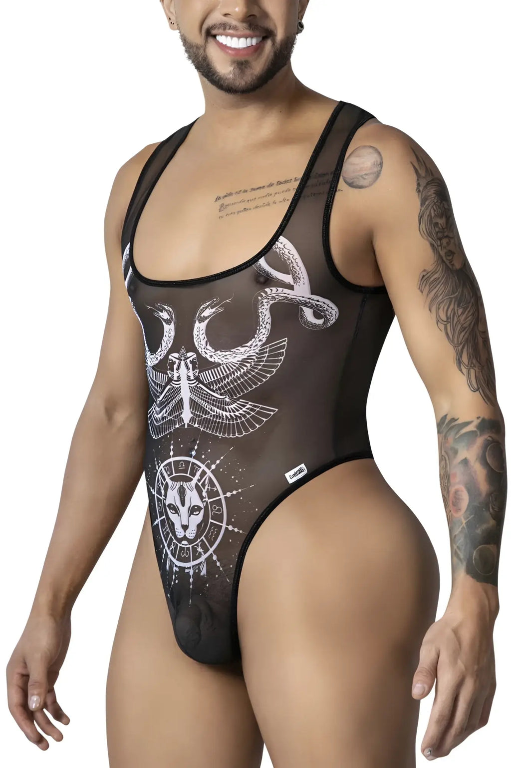 Black sheer CandyMan 99869 Egyptian bodysuit with white intricate moth graphic design on front in black and white