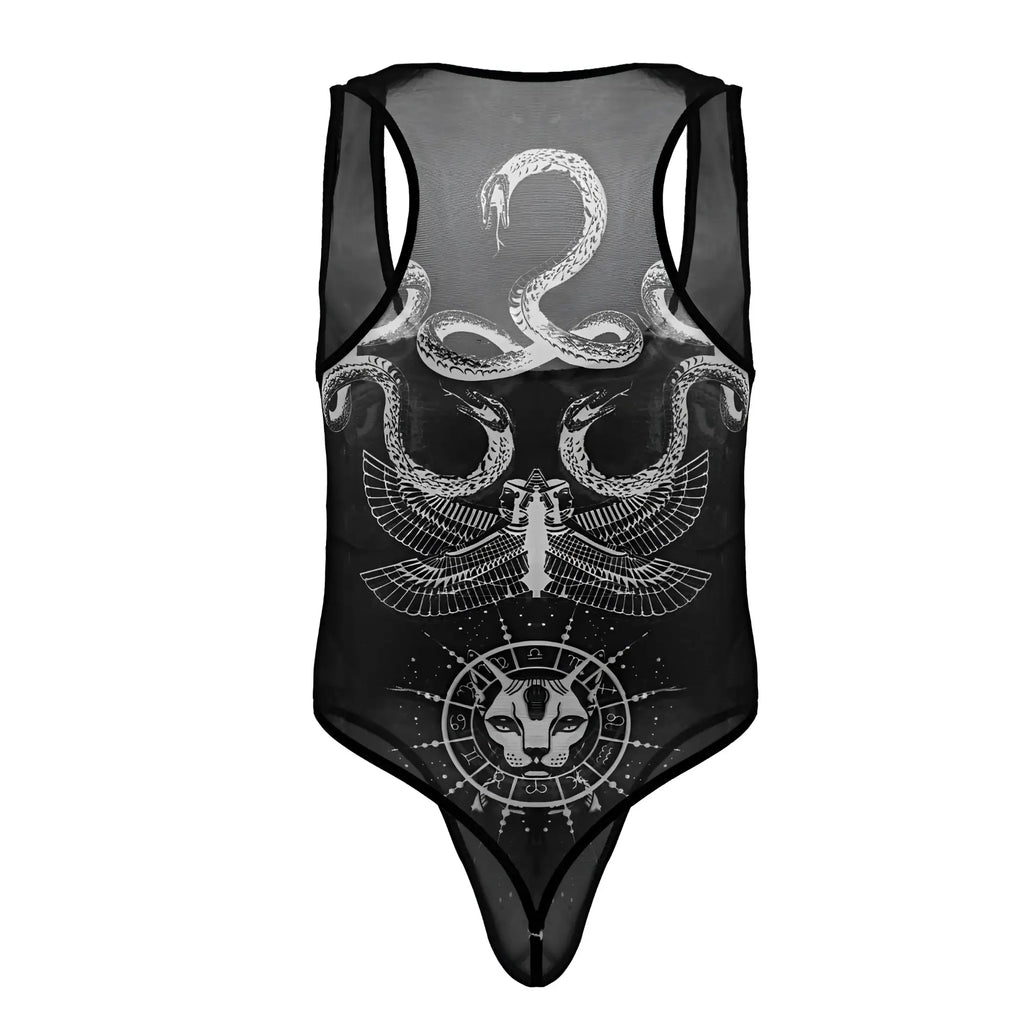 Black sheer mesh one-piece bodysuit with intricate white Egyptian snakes winged figure and feline head graphic by CandyMan