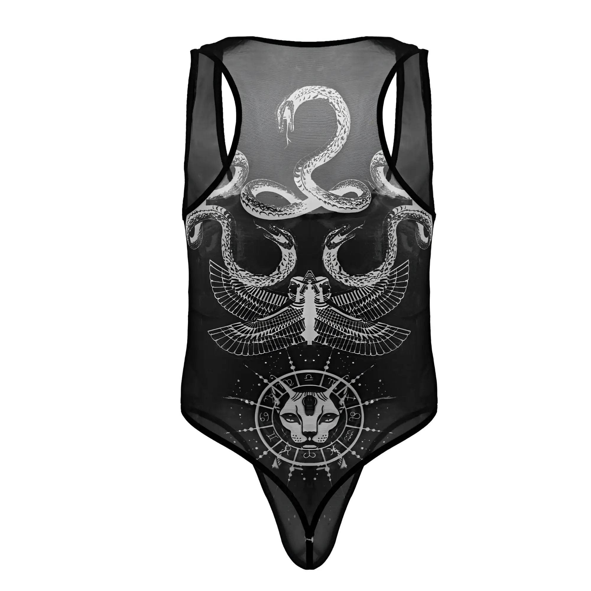 Black sheer mesh one-piece bodysuit with intricate white Egyptian snakes winged figure and feline head graphic by CandyMan