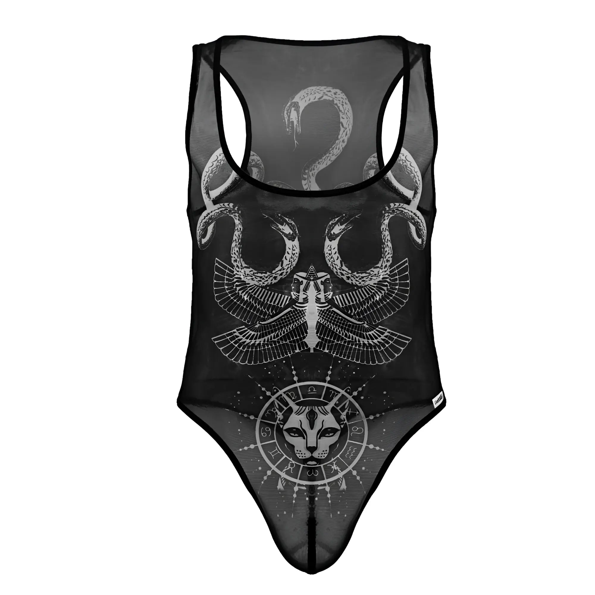Black sheer mesh one-piece bodysuit with white line art snakes winged figure and cat-faced zodiac by candyman
