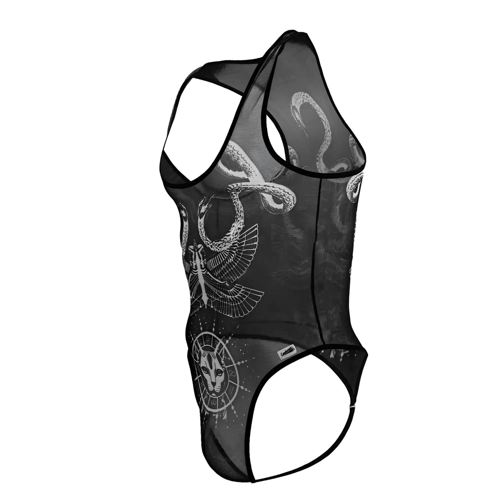 Black sheer mesh tank top candyMan 99869 with white line art snakes eagle and feline face circular design