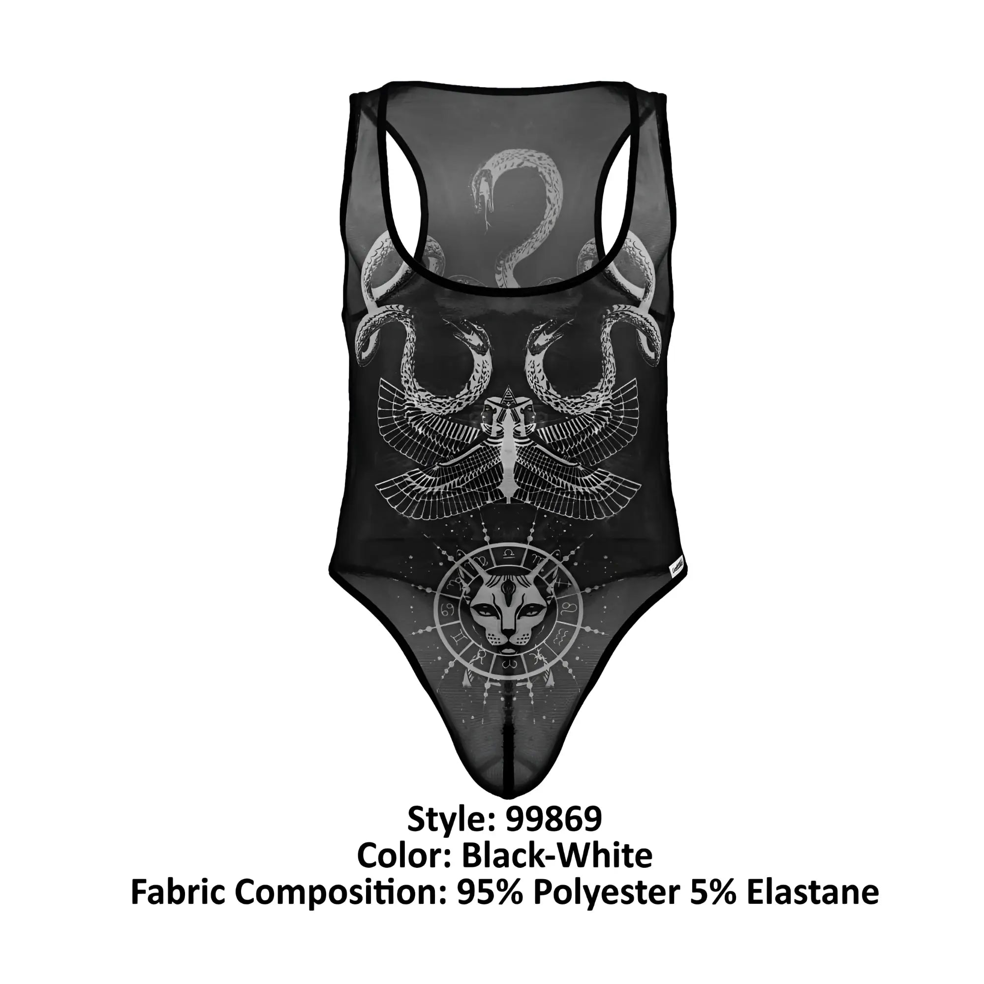 Black sheer CandyMan 99869 Egyptian bodysuit with white intricate snake eagle and cat face designs
